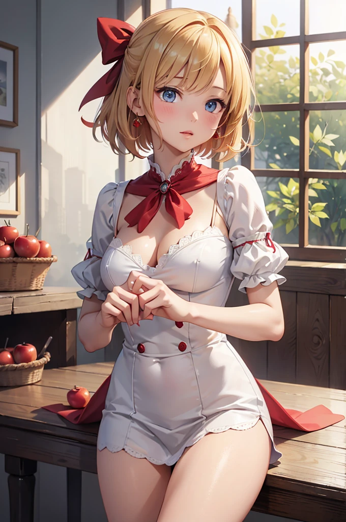 masterpiece、Soft Focus , Bright gradient watercolor、Tabletop, High resolution, 8k, Anime Women, Delicate and detailed writing 、Detailed digital illustration、high resolution, high quality、Detailed Background、Close-up photo、(((Two arms、Four fingers, One thumb)))、Detailed female face、Accurate Fingerasterpiece:1.2)、highest quality、High resolution、unity 8k wallpaper、(figure:0.8)、Highly detailed face、Perfect lighting、Highly detailed CG、(Perfect hands、Perfect Anatomy)、
(Cowboy Shot:1.1)、One girl、stand、basket、knife、Red apples、Red dress、Red ribbon、Red Cape、Red Shoes、Blonde、very short hair、blue eyes、Big round eyes、Open your mouth、
