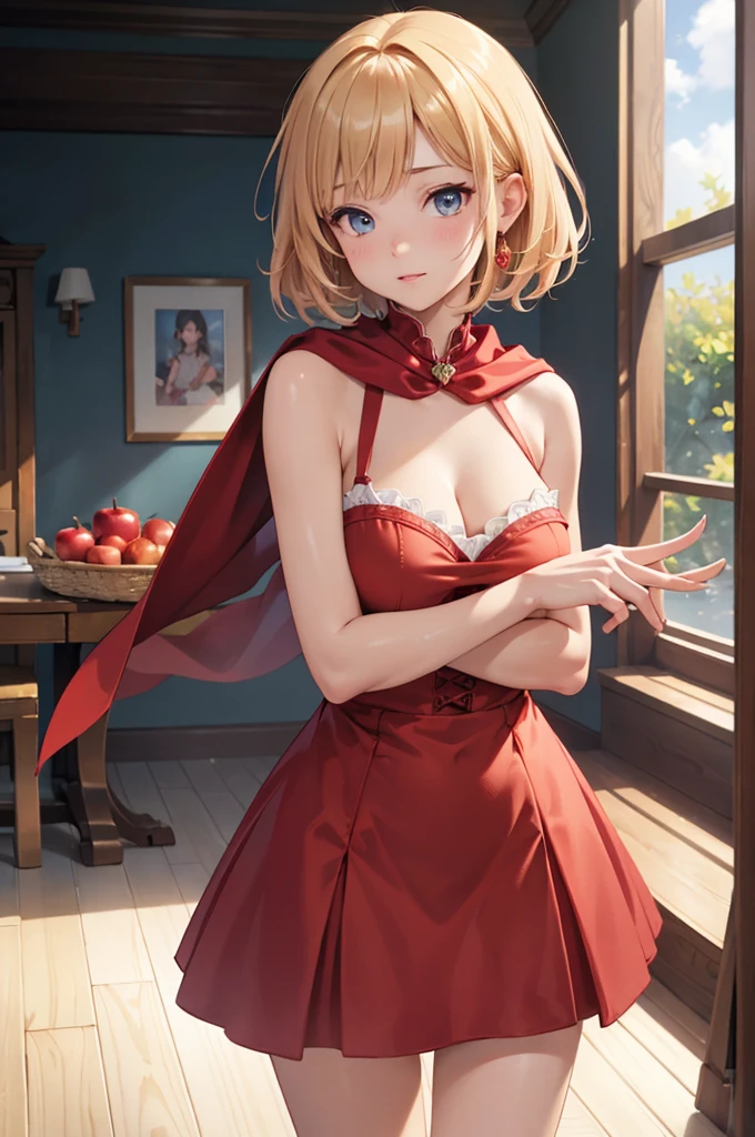 masterpiece、Soft Focus , Bright gradient watercolor、Tabletop, High resolution, 8k, Anime Women, Delicate and detailed writing 、Detailed digital illustration、high resolution, high quality、Detailed Background、Close-up photo、(((Two arms、Four fingers, One thumb)))、Detailed female face、Accurate Fingerasterpiece:1.2)、highest quality、High resolution、unity 8k wallpaper、(figure:0.8)、Highly detailed face、Perfect lighting、Highly detailed CG、(Perfect hands、Perfect Anatomy)、
(Cowboy Shot:1.1)、One girl、stand、basket、knife、Red apples、Red dress、Red ribbon、Red shawl、Red Shoes、Blonde、Short Hair、blue eyes