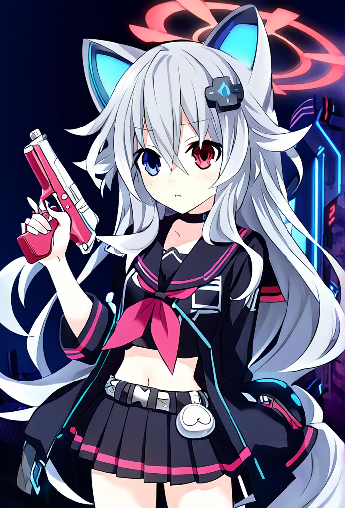 ((1girl)), ((grey hair)), cute, a female anime character holding two guns,【 sciart 💙💜 mson, coilgun, wavy long hair, cat-eared headset with neon light purple color, heterochromia eyes (blue eyes, red eyes), ((black and dark blue outfit)), white ornaments, red skirt, grey wavy hair, hair ornaments, dark blue opened cyberpunk jacket with red lines, navel showing black sailor uniform, grey sailor collar, black shirt, short sleeves)), midriff, black miniskirt