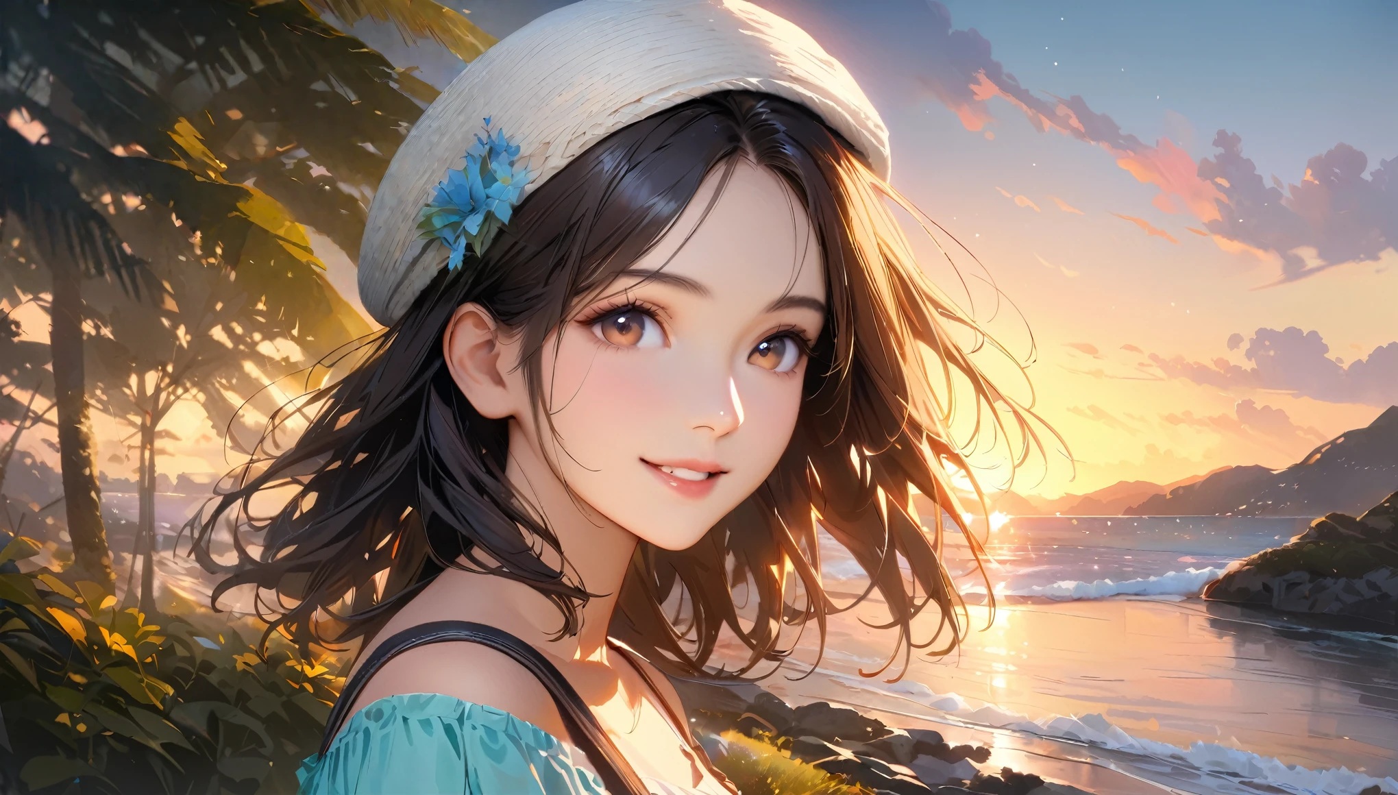 Sparkling ocean and tranquil coastline, Sunny sky with fluffy white clouds, Green trees along the coast々々, Pleasant sea breeze. shape,Young woman with dark hair, smile,highest quality, 4K, 8k, High resolution, masterpiece:1.2, Very detailed, Realistic:1.37, High resolution, 超High resolution, Studio Lighting, Ultra-fine painting, Sharp focus, Physically Based Rendering, Very detailedな説明, Professional, Vibrant colors, Bokeh, Portraiture, landscape, photograph. Blue dominates the color palette, Natural light scene