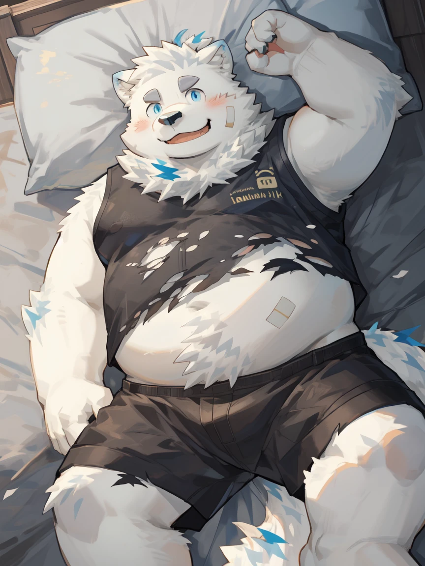 solo, grey shorts, no shirt, plump, huge, nipples, massive big fat belly, eyes shut, 5 fingers, musclegut body, lineart, big belly, sitting, chest hair, hairy, armpit hair, nipples, high detail, bedroom, polar patroller, polar bear, helmet, eye patch, hands behind head, red scarf, big pecs