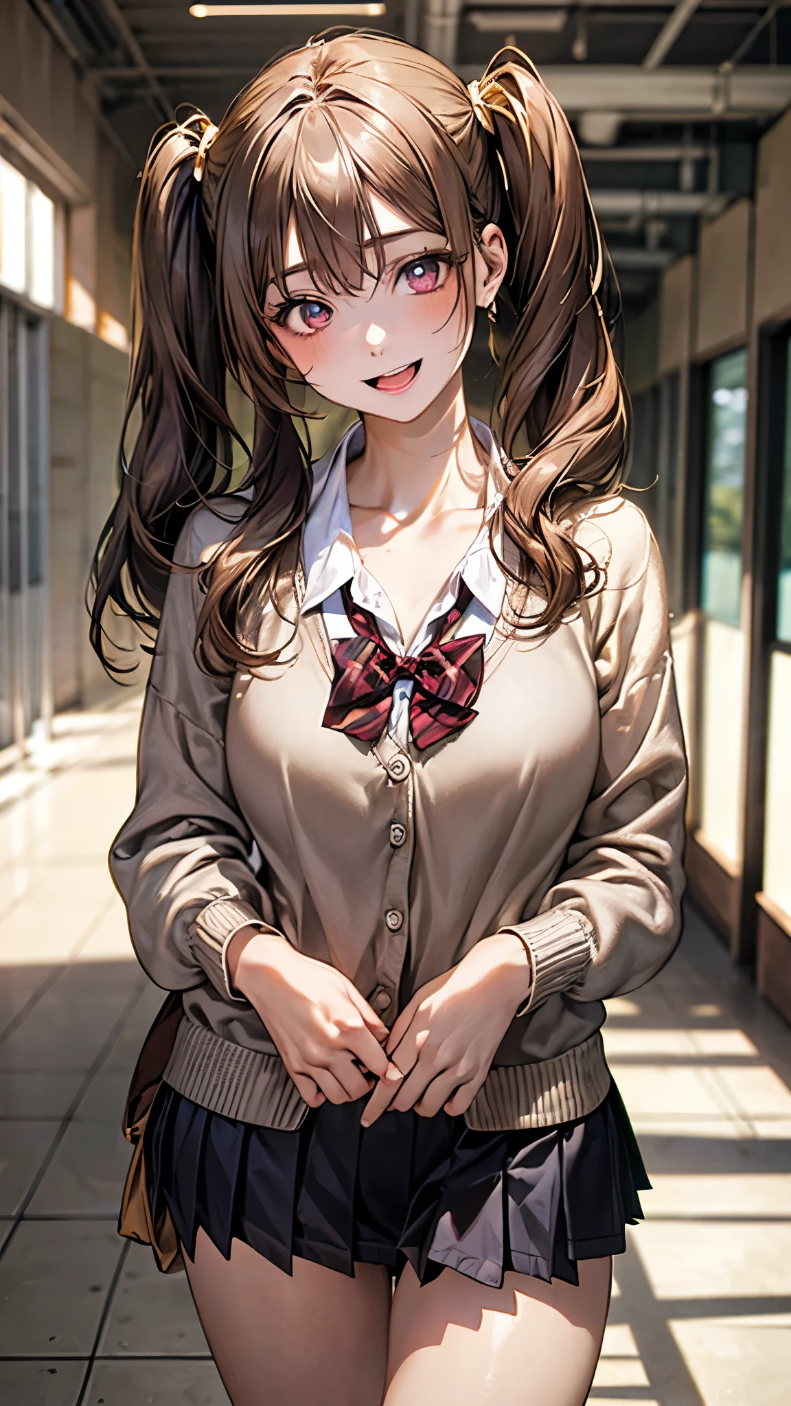 (masterpiece:1.2, top-quality), (realistic, photorealistic:1.4), beautiful illustration, (natural side lighting, movie lighting),
looking at viewer, cowboy shot, (from below), 1 girl, japanese, high school girl, perfect face, cute and symmetrical face, suntan, shiny skin,
(long hair), (two side up:1.2, straight hair, twintails), (light brown hair), hair between eyes, blunt bangs, big eyes, slant eyes, (gold eyes), long eye lasher, (medium breasts),
beautiful hair, beautiful face, beautiful detailed eyes, beautiful clavicle, beautiful body, beautiful chest, beautiful thigh, beautiful legs, beautiful fingers,
(white collared shirts, purple pleated skirt, light grey cardigan), dark red bowtie, panties:1,2,
(beautiful scenery), (school hallway:1.2), (head tilt), (lovely smile, upper eyes, open mouth),