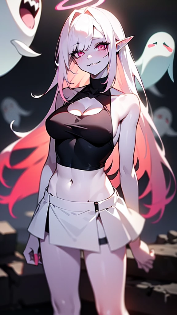 Masterpiece, best quality, high quality, ultra detailed, Original Character, 8k, Masterpiece, Best Quality, Detailed, Beautiful Detailed Eyes, cinematic composition, , 1vampire girl, solo, pink eyes, white hair, long hair,((hair over one eye)),(((white skin like a vampire, pale skin, colored skin))), sharp teeth, large breasts,(white mini tank top, white mini skirt),cleavage,(bare belly, bare navel),(pink halo),white collar, elf ear, blush, ((standing in front a stones ruins in night, cutes ghosts around)), night, white skin, colored skin, crazy Eyes, Crazy Smile, Shaded Face, yandere, yandere, teeth, closed mouth, cowboy shot