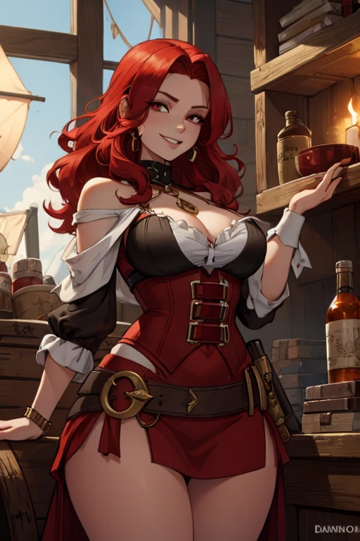 A red haired woman with red eyes and an hourglass figure in a pirate's outfit is  standing on a pile of treasure with a triumphant grin