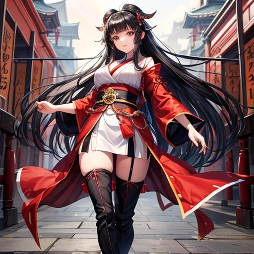 A black-haired woman wearing a shrine maiden outfit with slits in the legs Revolver 1.5 Thigh-high boots
