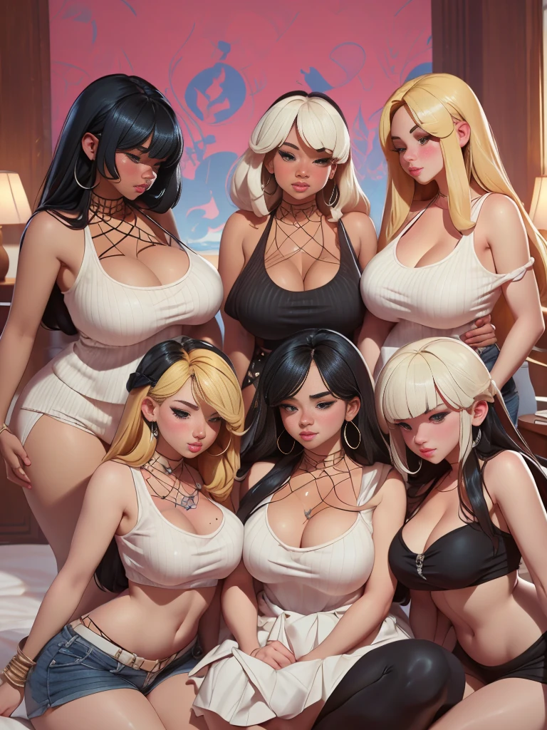  female、1 male、(european:1.2)、(blonde)、(Super beautiful)、(beautiful face:1.5)、30 year old womanl、gray blazer、(short skirt)、white shirt、large bedroom inside mansion (A single black man laying on his back, in-bed wearing shorts, in-center of composition) A diverse group of five young adult Americans, representing different ethnicities and characteristics, wearing yoga-pants and tank-tops, displays their unique beauty with perfect bodies, large breasts, wide thicc-hips, Among them, there are blonde young adult girls with auburn hair, emanating an air of natural elegance. Brown young adult girls with silky locks and a captivating sheen show off their exotic beauty. Also present are black young adult girls with stunning curly hair, highlighting their authenticity and cultural pride, (the women surround a singular BLACK MAN with short-hair, from all sides) (in a bed) the women kiss the singular Black Man, touch the singular Black man, masterpiece, high details, high quality, best quality.
