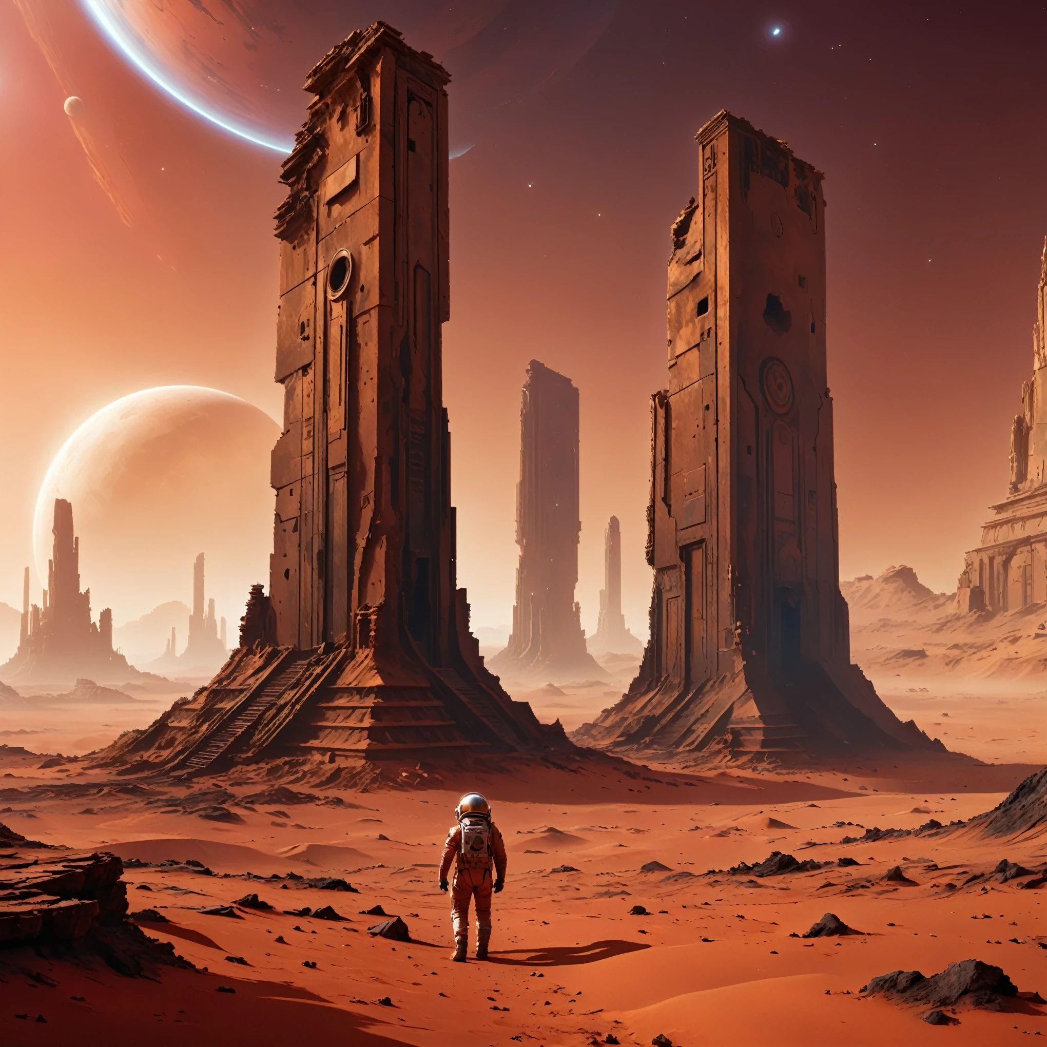 (mysterious ancient ruins) on Mars,(science-fiction concept art),(detailed illustrationest quality,4k,highres,masterpiece:1.2),red planet landscaperight vibrant colors:1.1),(sci-fi lighting),(HDR),(crumbling structures),(desolate environment),(infinite horizon),(alien artifacttraterrestrial architecture),(atmospheric perspective),(exploration),(futuristic technology),(ruins of an advanced civilization),(isolated and abandoned),(astronaut explorers),(eerie atmosphere),(strange symbols),(mystical energy sources),(sweeping panoramic view),(dusty red sand),(surreal atmosphere),(ancient mysteries),(distant starry sky),(hauntingly beautiful),(dreamlike imagery),(epic scale),(awe-inspiring),(scientific discovery)