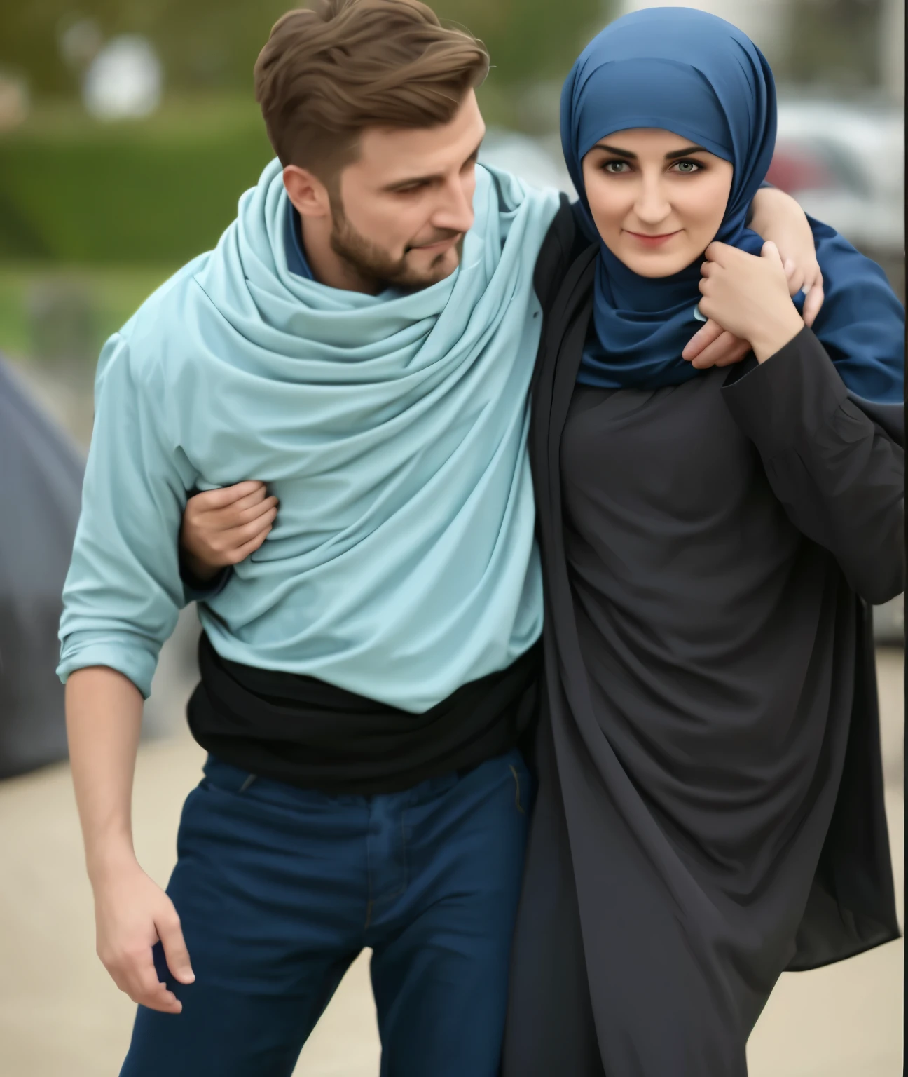 a muslim woman with headscarf and satin abaya on the right, on the left there is a young German man in a blue cotton shirt and jeans and a Syrian woman in a shiny plastic quilted coat and blue satin headscarf stand arm in arm in front of a refugee shelter, A German man in a cotton shirt and jeans is injured and is supported by a Syrian woman, A Syrian woman wearing a shiny plastic down coat supports an injured short-haired man, der nicht alleine gehen kann, A Syrian woman wearing a headscarf holds an injured short-haired man in her arms, Mitleid, Unfall, Verletzung, Erste Hilfe, Theater, ultra-realistisch, Foto