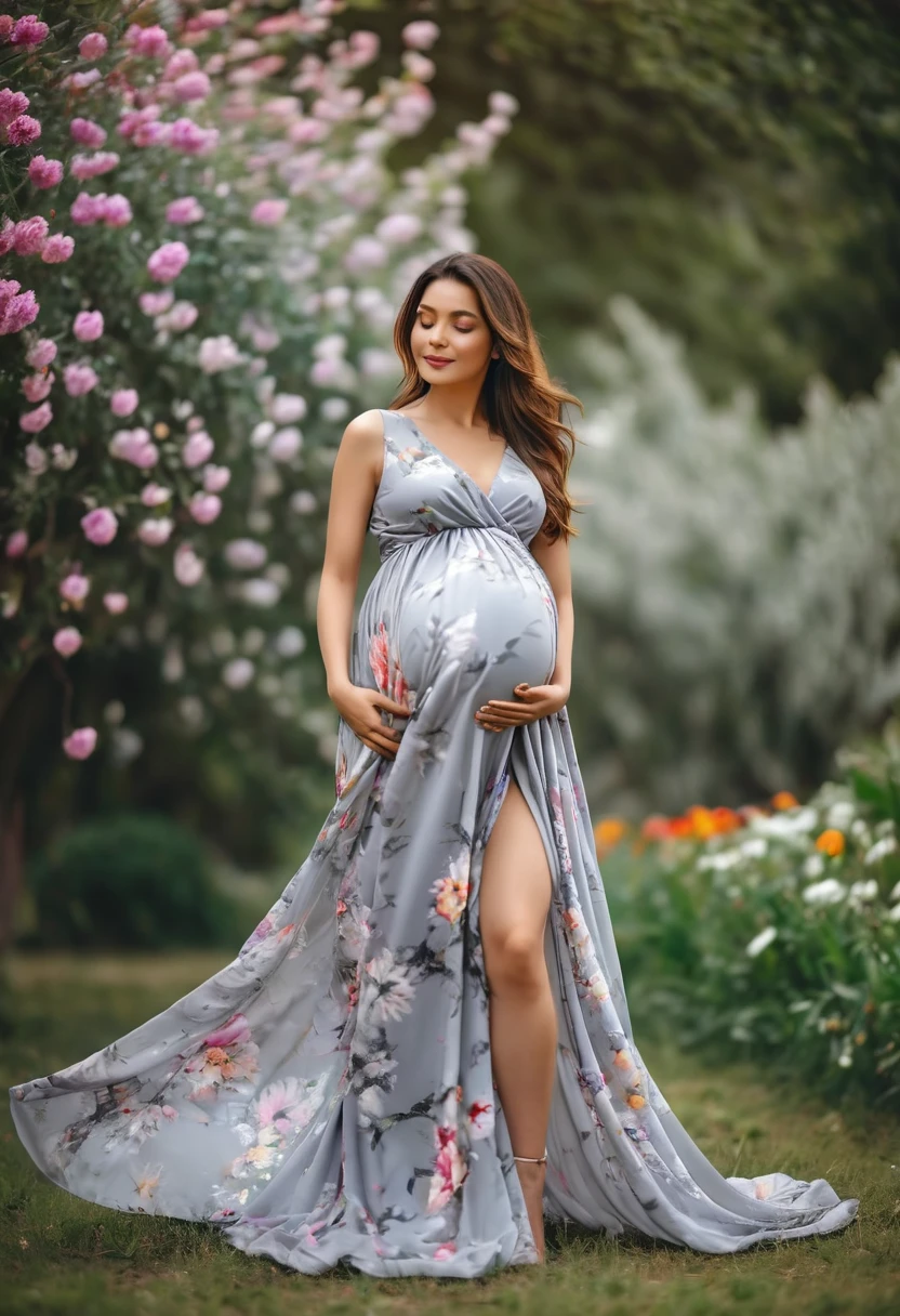 outdoor photography , high detailed , 4k , cinematic light , ultra high quality , pregnant woman in a gray dress posing for a photo, full body photoshoot, beautiful full body shot , marble paper dress , colorful dress , garden full of flowers on background , bokeh