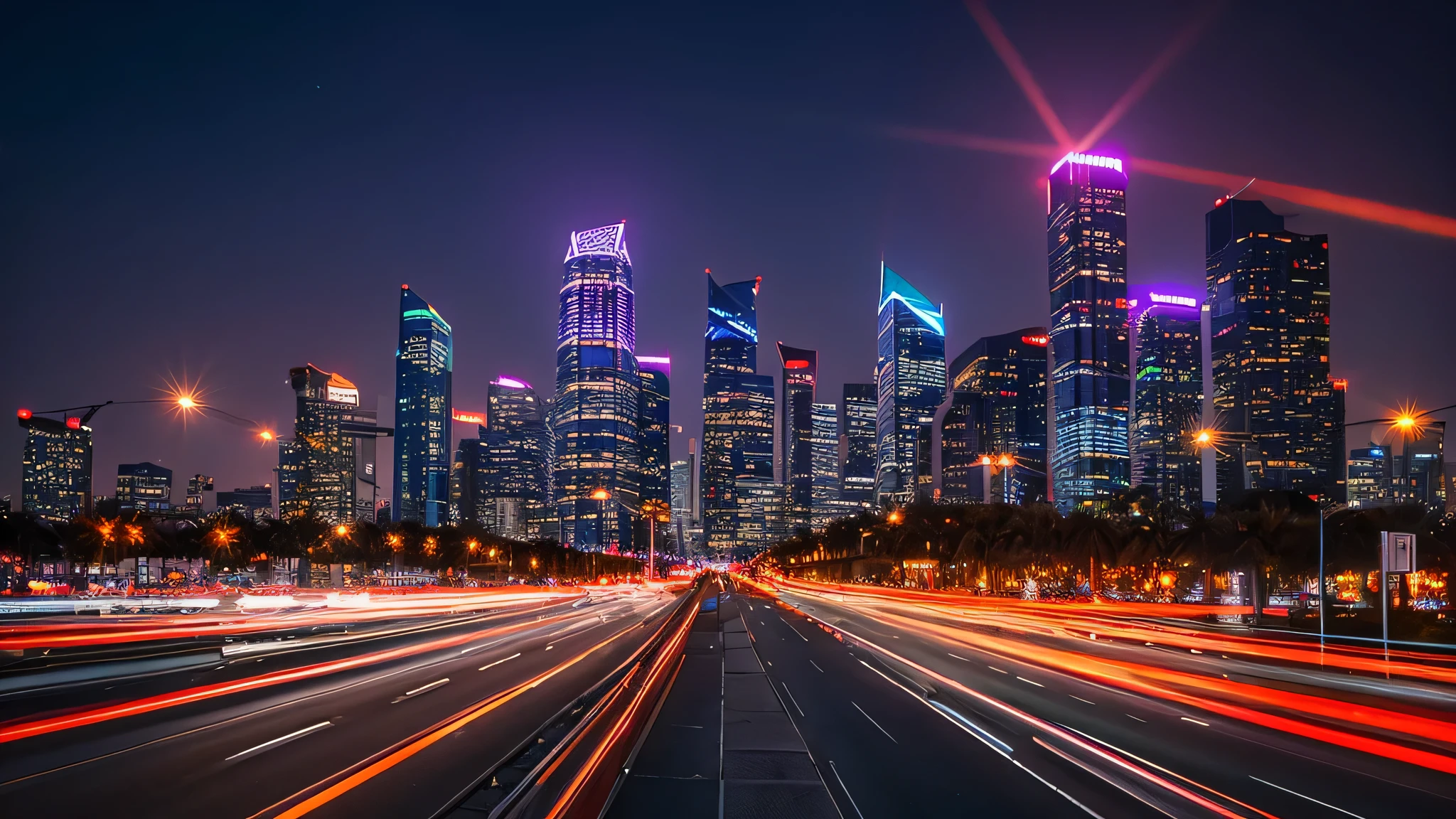 A vibrant cityscape at dusk, featuring illuminated skyscrapers reflecting the last light of the setting sun, a busy highway filled with the blurred lights of moving cars, and tall palm trees lining the road. The sky transitions from a warm orange to a deep purple.