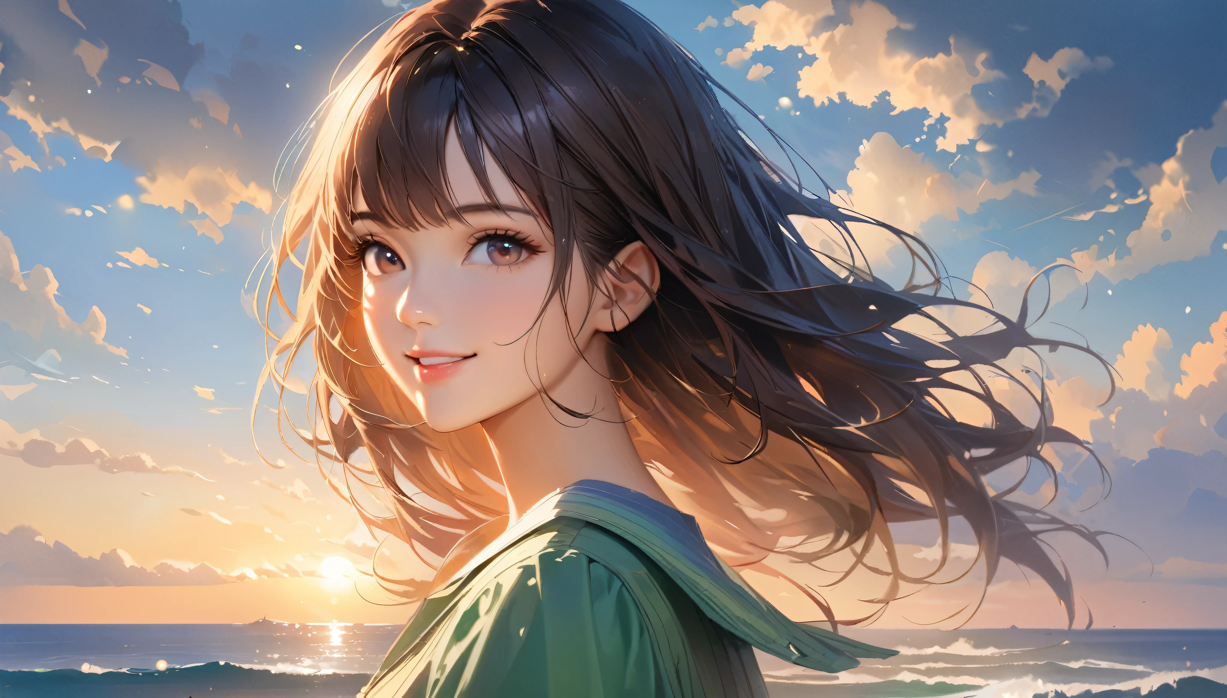 Sparkling ocean and tranquil coastline, Sunny sky with fluffy white clouds, Green trees along the coast々々, Pleasant sea breeze. shape,Young woman with dark hair, smile,highest quality, 4K, 8k, High resolution, masterpiece:1.2, Very detailed, Realistic:1.37, High resolution, 超High resolution, Studio Lighting, Ultra-fine painting, Sharp focus, Physically Based Rendering, Very detailed explanation, Professional, Vibrant colors, Bokeh, Portraiture, landscape, photograph. Blue dominates the color palette, Natural light scene