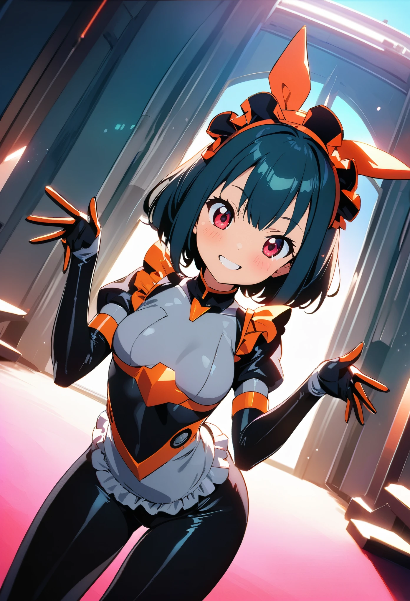 (highest quality:1.2, 4K, 8k, Studio Anime, Very detailed, up to date, Vibrant, High detail, High Contrast, masterpiece:1.2, highest quality, Best aesthetics), (((1 girl))), Stand and pose, Maid, Maid服, Cyber Suit:1.2, サイバーパンクMaid服:1.4, Bodysuits, Headdress, Frills, Mecha Dress Suit, Blushing:1.2, smile, Dynamic Angle, Dutch Angle:1.3, Friendly atmosphere, Put your hands up, Fun and young々Shii々Cool vibe, Precision and focus, Striking contrast,