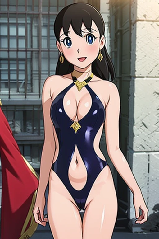 Masterpiece, High Quality, 4K, Beautiful Design, shizuka,hot,latex dress,Glossy, Front View, Award Winning Photo, Highly Detailed, Amazing, Fine Details, Absurd, (Photorealistic: 1.5), (Sharp Focus), 1 Girl , full body, solo, highly detailed woman, highly detailed eyes and face, expressive facial expressions, (smiling seductively), plump lips, top quality, perfect hourglass figure, sexy navel, viewer looking, facing the viewer, 4k, blue eyes, oriental dancer costume, wearing flashy jewelry, jewelry all over the body, VIII century Baghdad background, incomplete and uneven Irregular skin, veins, detailed skin folds, pores,
