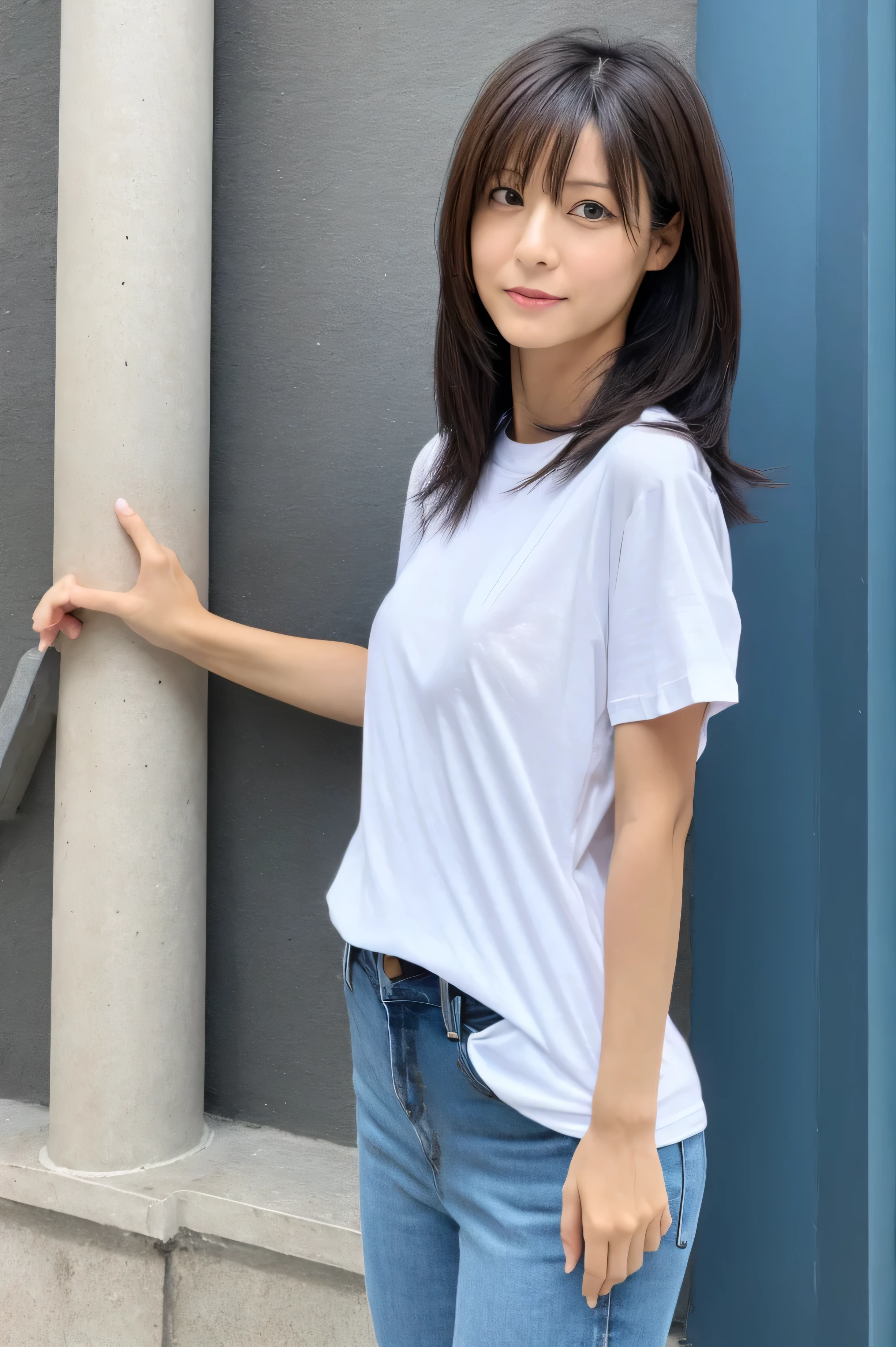 (Highly realistic photos, High resolution, Detailed face, Fine grain) Skinny Japanese woman, 40 years old, 1 girl, Cute Face, Mr.々Hair style, A slightly surprised look、A slightly surprised look、Thin body type, Very small breasts, Very small waist, A neat and clean woman, ((Plain T-shirt:1.5))、jeans, Casual clothing, on the road, Full body photo