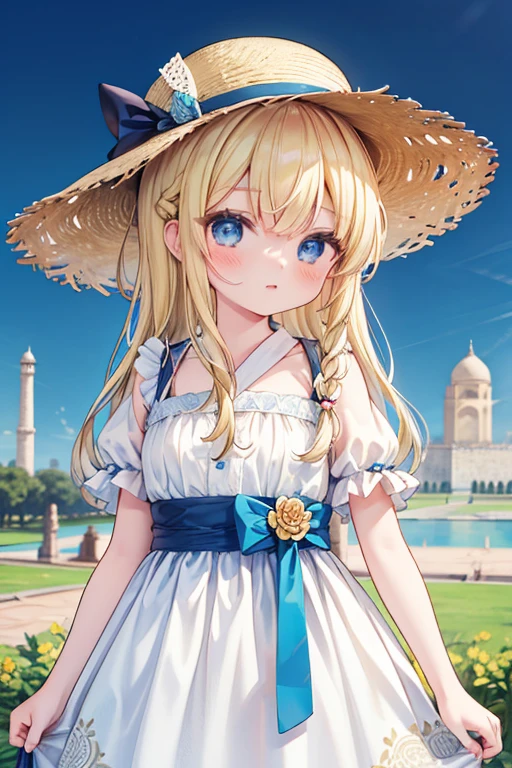 masterpiece, highest quality, 16k、High resolution, Cowboy Shot、Detailed face、1 7-year-old girl、blue eyes、blonde、Braiding、White Dress、Straw hat、India、In front of the Taj Mahal