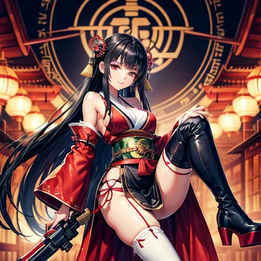 A black-haired woman wearing a shrine maiden outfit with slits in the legs holding a revolver　Spread your legs　Upper body fluttering　Thigh-high boots