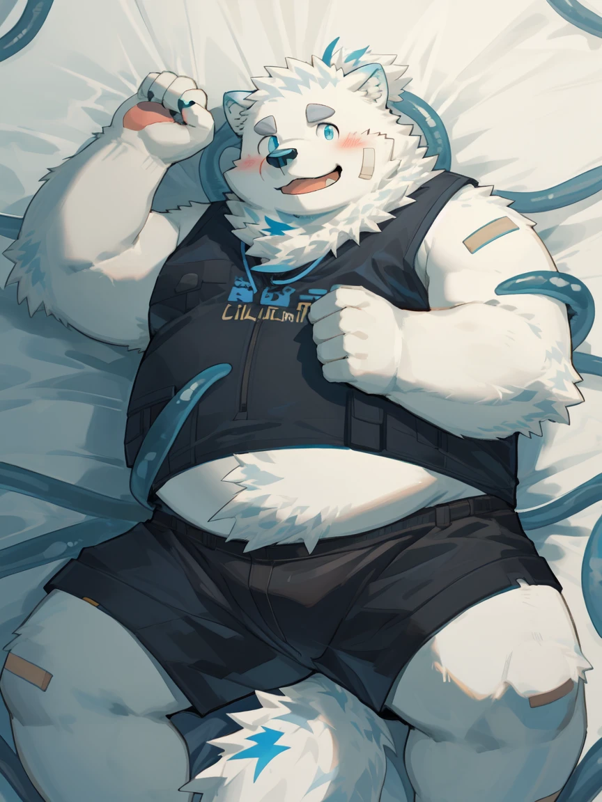 yohack, solo,canid, mammal,(chubby), ((Chubby)), white_body,furry, White fur, (blue eyes:1.2), band-aid, Handmade, Smile, blush, Solid,((overweight)), (lying on the bed, on the bed:1.2), in, High Angle View, ((From milkytiger1145)), ((by 96panda)) ,(High Detail), (high quality),(high resolution),belly,black tank top,blue shirt,black shorts,kind_smile,spread legs,((tentacles)),oral_adventure,