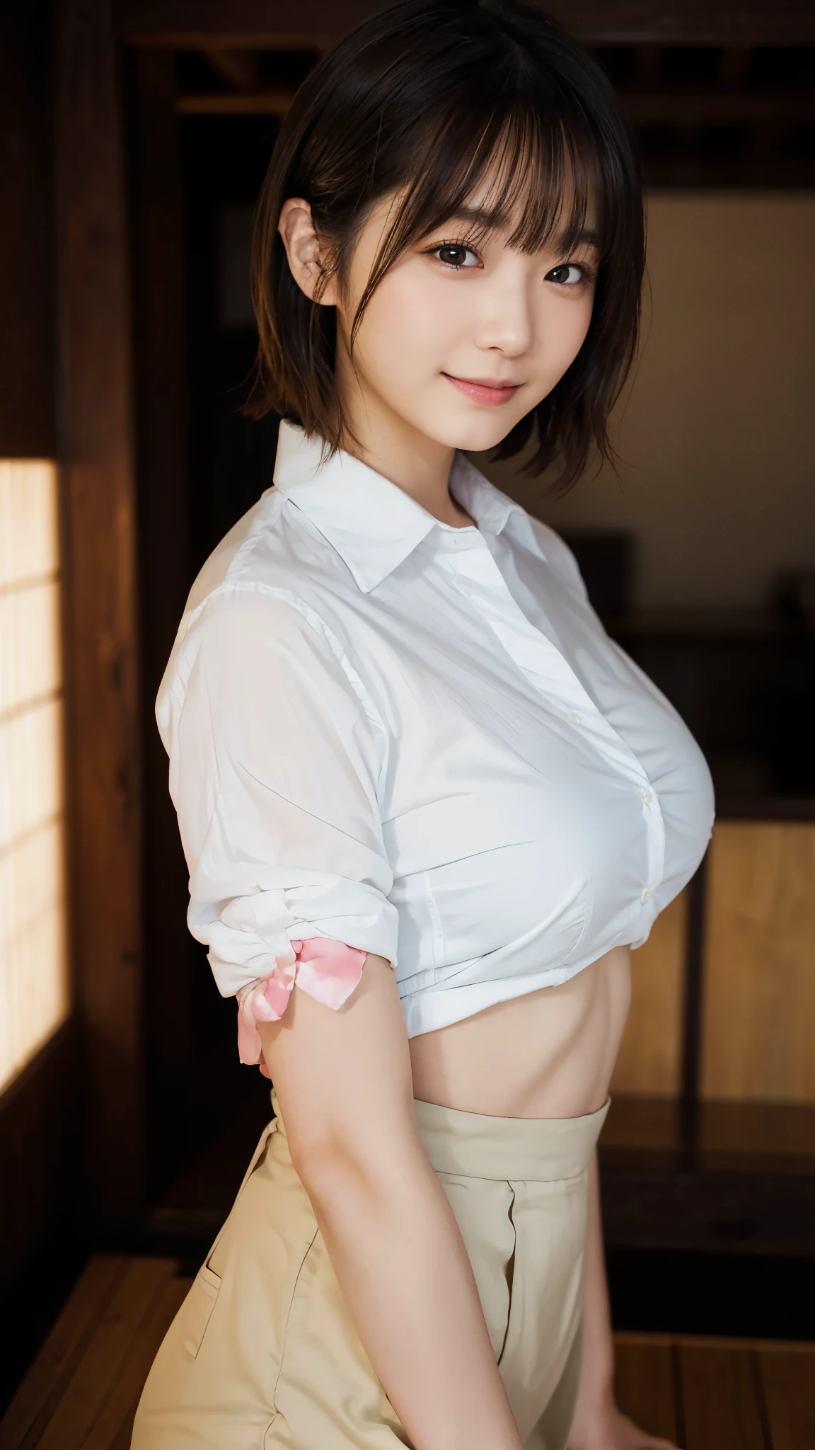 (highest quality,masterpiece:1.3,Ultra-high resolution),(Super detailed,Caustics,8k), (Photorealistic:1.4, RAW shooting),darkness,Dark studio,Japanese,20-year-old,smile,Natural Makeup,Natural brown short hair,(White shirt),Big Breasts,Rim Light,Waist up shot,Low position,Low - Angle