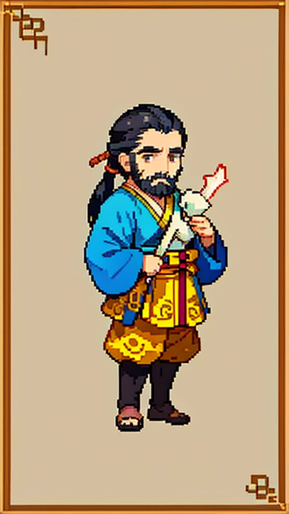 Old man in ancient Chinese costume、Wise Old Man、Looking into the camera、His hair is tied in a bun、Only one topknot、Long sleeve、Hanfu、Black Hair、Stand and pose、Pixel art、(masterpiece, highest quality, highest quality), pixel,pixel art,whole body,Characters in Romance of the Three Kingdoms、Transform、(beard)、Short Deformation、Old man with long beard