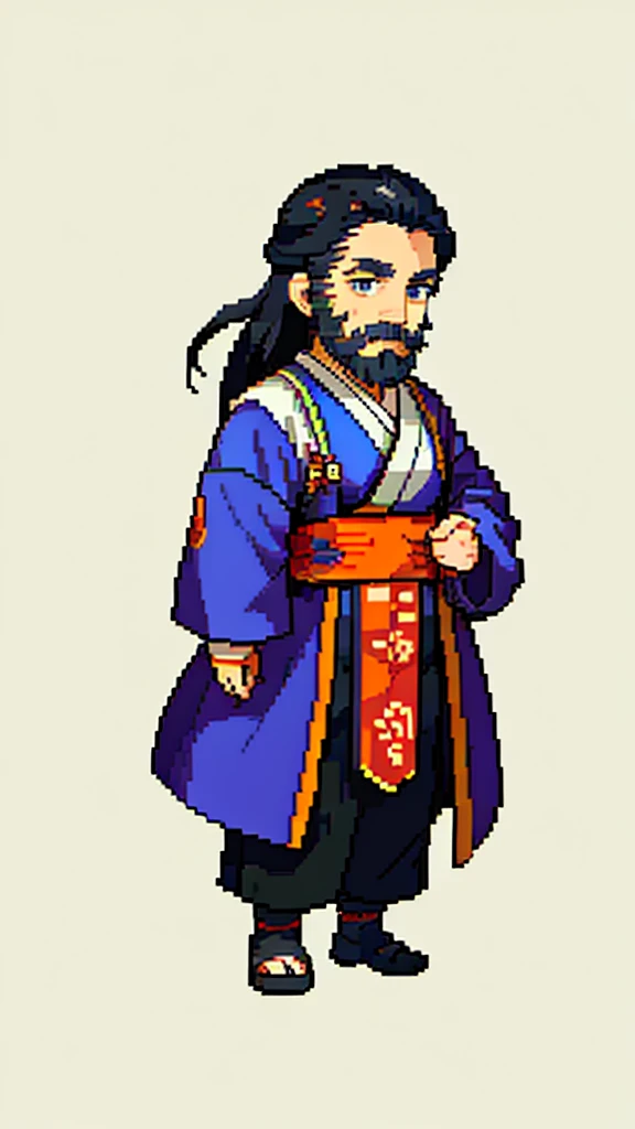 Old man in ancient Chinese costume、Wise Old Man、Looking into the camera、His hair is tied in a bun、Only one topknot、Long sleeve、Hanfu、Black Hair、Stand and pose、Pixel art、(masterpiece, highest quality, highest quality), pixel,pixel art,whole body,Characters in Romance of the Three Kingdoms、Transform、(beard)、Short Deformation、Old man with long beard