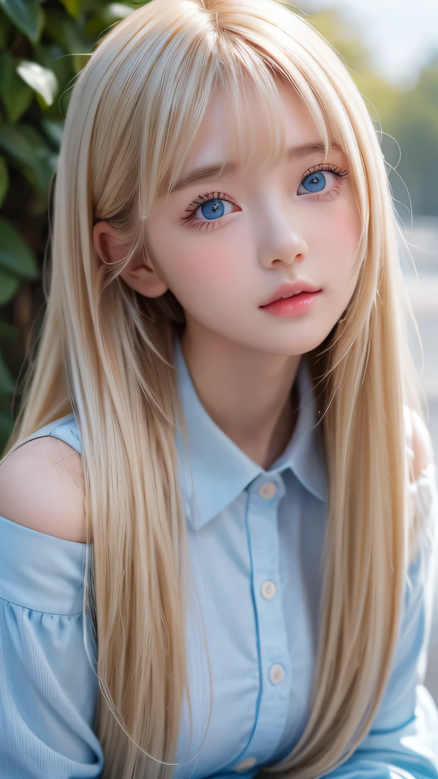 very beautiful blonde girl、Bangs falling over a very beautiful face、Beautiful bangs that cover the eyes、Big, bright, pale sky blue cute eyes、Very big eyes、Her face is hidden by her super long blonde hair、Sexy young woman with super long blonde shiny hair、Bright straight hair、Beautiful Face、Cheek gloss highlight、Very white, young and bright skin、Small Face Beauty、Round face、