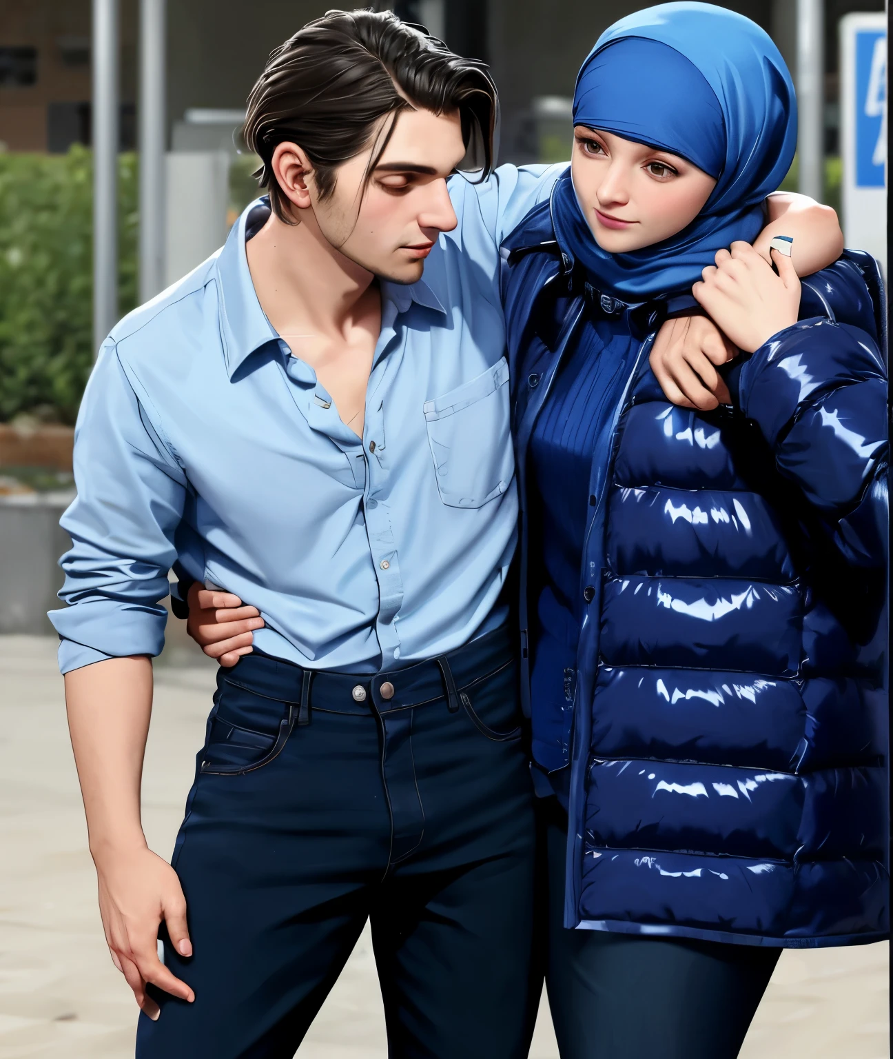 A young German man in a blue cotton shirt and jeans and a Syrian woman in a shiny plastic quilted coat and blue satin headscarf stand arm in arm in front of a refugee shelter, A German man in a cotton shirt and jeans is injured and is supported by a Syrian woman, A Syrian woman wearing a shiny plastic down coat supports an injured short-haired man, der nicht alleine gehen kann, A Syrian woman wearing a headscarf holds an injured short-haired man in her arms, Mitleid, Unfall, Verletzung, Erste Hilfe, Theater, ultra-realistisch, Foto