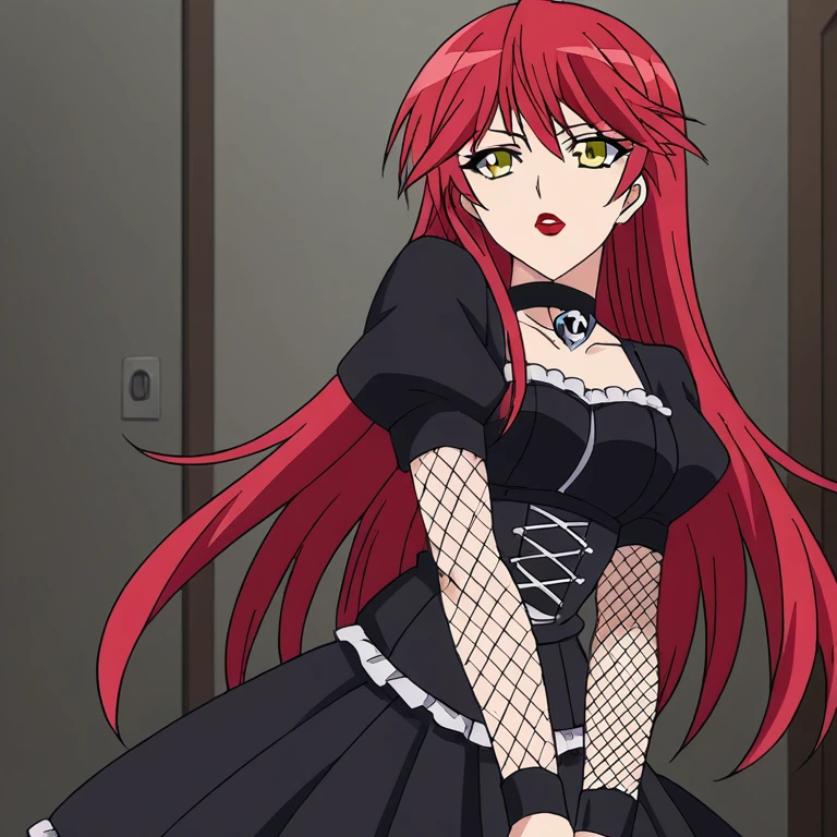   source_anime long hair, Red hair, yellow eyes, gothic lipstick , gothic outfit sexy, gothic fishnets under the skirt, in the room in the dark
solo icon