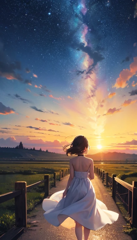 {{{masterpiece}}, {{{highest quality}, {{Very detailed}}, {shape}, {{an extremely delicate and beautiful}}, beautiful milky way, Night Sky, Wide sky, Mysterious, Deep sky, Falling Sky, Traveling woman, White long dress,Back view, girl looking at Night Sky, Along the way, 8k, Morning is approaching, The sky is about to be swallowed, the Morning is approaching, The night is over, The beginning is near, Deep Darkness, Cinematic, Mysterious, wonderful, beautiful,