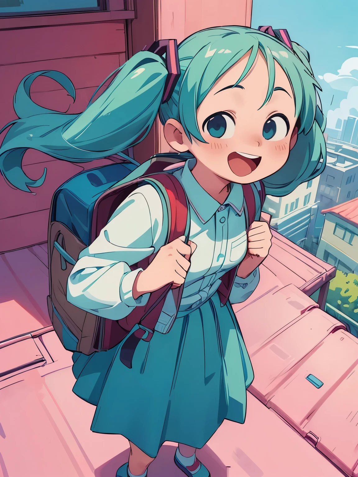 (masterpiece、highest quality、highest quality、Official Art、Beautiful and beautiful:1.2)、(One girl:1.3)Hatsune Miku、Twin tails,Big Breasts,Standing on the roof,Girl with backpack on rooftop,My backpack is full of happy spring,Simple Line Initialism,Abstraction,Urban Background