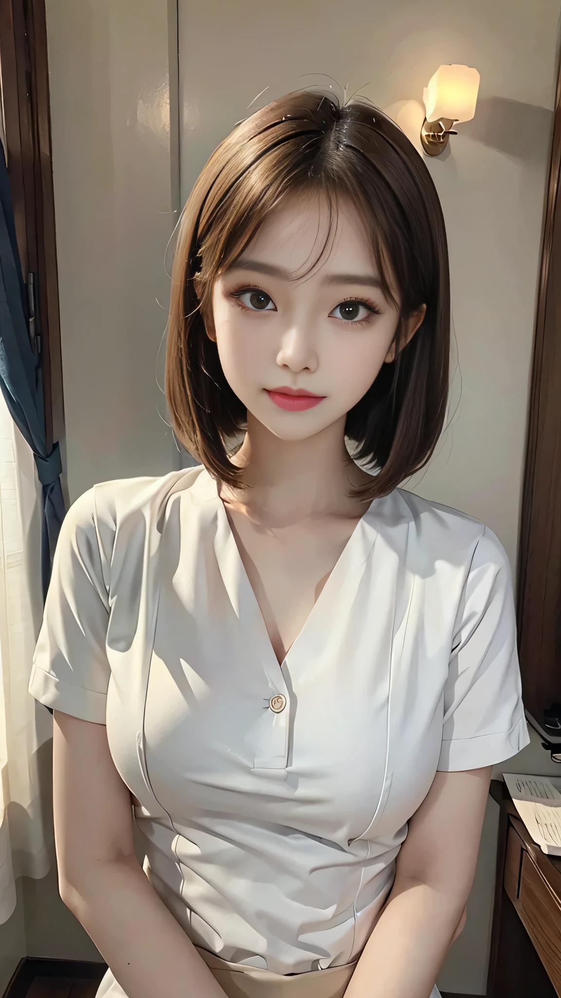highest quality, masterpiece, Ultra-high resolution, (Reality: 1.4), Original photo, One girl, Nurse uniform, Cinema Lighting, Big Breasts, Cover Chest, Bobcut