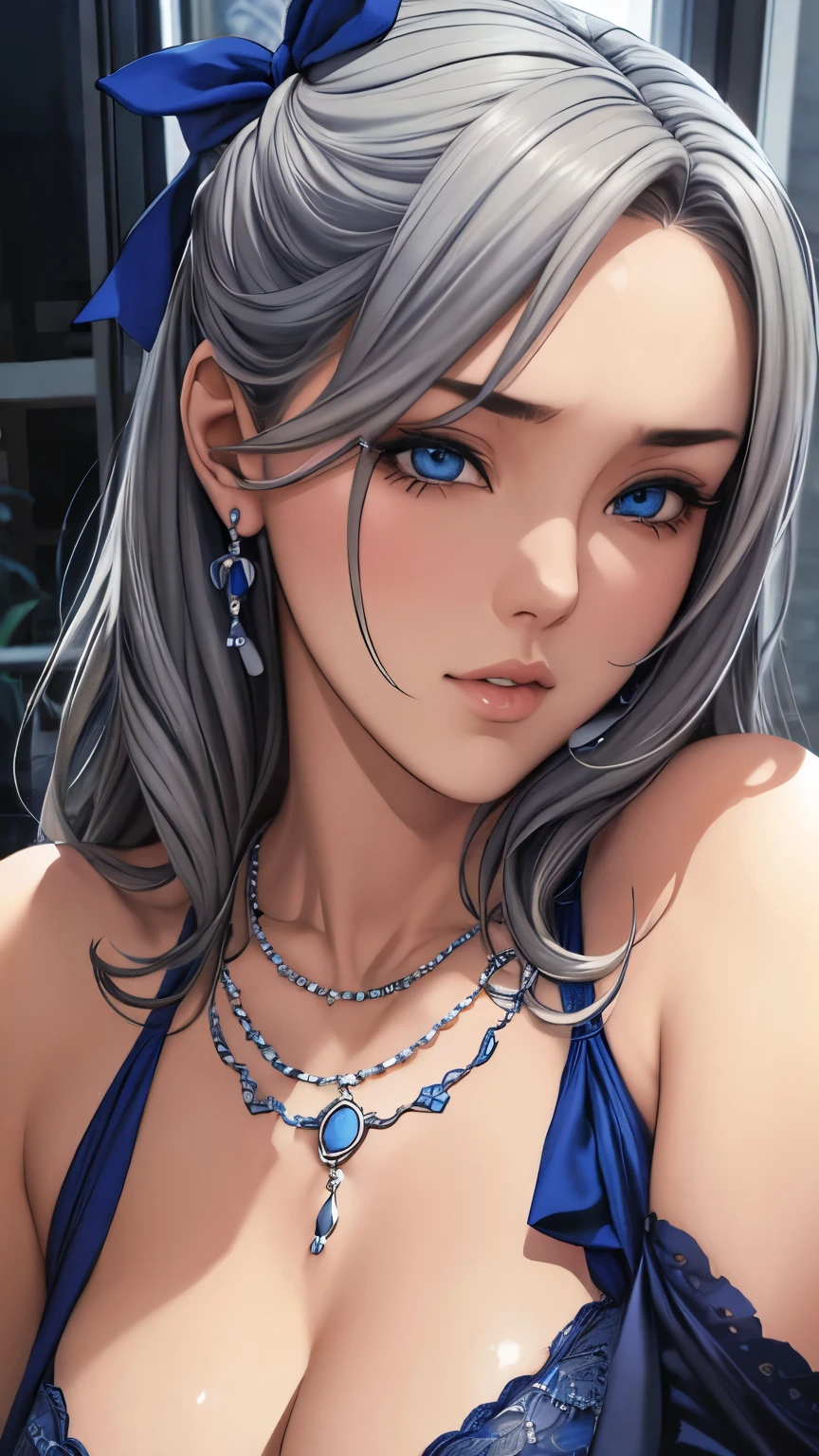 beautiful girl, Gray Hair, blue eyes,blue eyes,Black underwear with white lace, big 、In close range、Blue Earrings、blue necklace