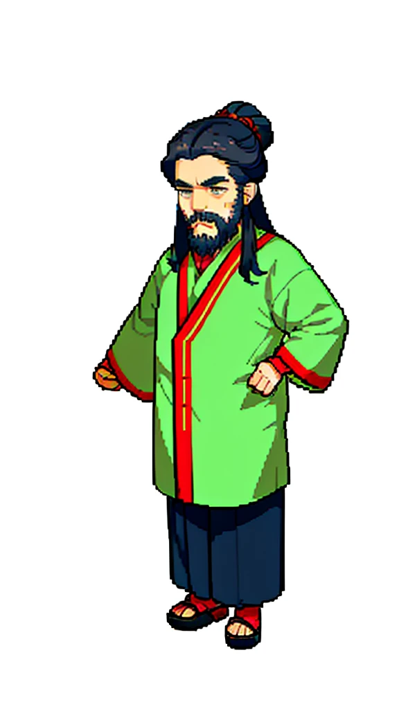 Old man in ancient Chinese costume、Wise Old Man、Looking into the camera、His hair is tied in a bun、Only one topknot、Long sleeve、Hanfu、Black Hair、Stand and pose、Pixel art、(masterpiece, highest quality, highest quality), pixel,pixel art,whole body,Characters in Romance of the Three Kingdoms、Transform、(beard)、Short Deformation、Old man with long beard