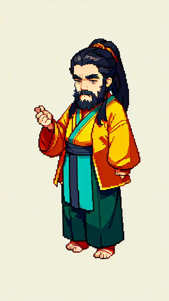 Old man in ancient Chinese costume、Wise Old Man、Looking into the camera、His hair is tied in a bun、Only one topknot、Long sleeve、Hanfu、Black Hair、Stand and pose、Pixel art、(masterpiece, highest quality, highest quality), pixel,pixel art,whole body,Characters in Romance of the Three Kingdoms、Transform、(beard)、Short Deformation、Old man with long beard