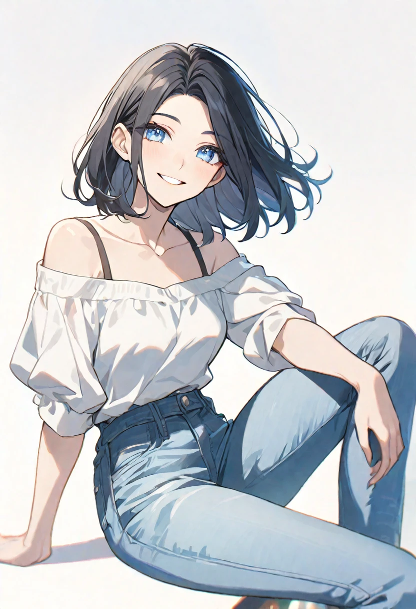 solo, handsome, 1. Female,Straight medium hair, black hair,Light Blue eyes,Soft look,casual,Off the shoulder,jeans,Stylish,skin, Close both eyes,Smile,White background