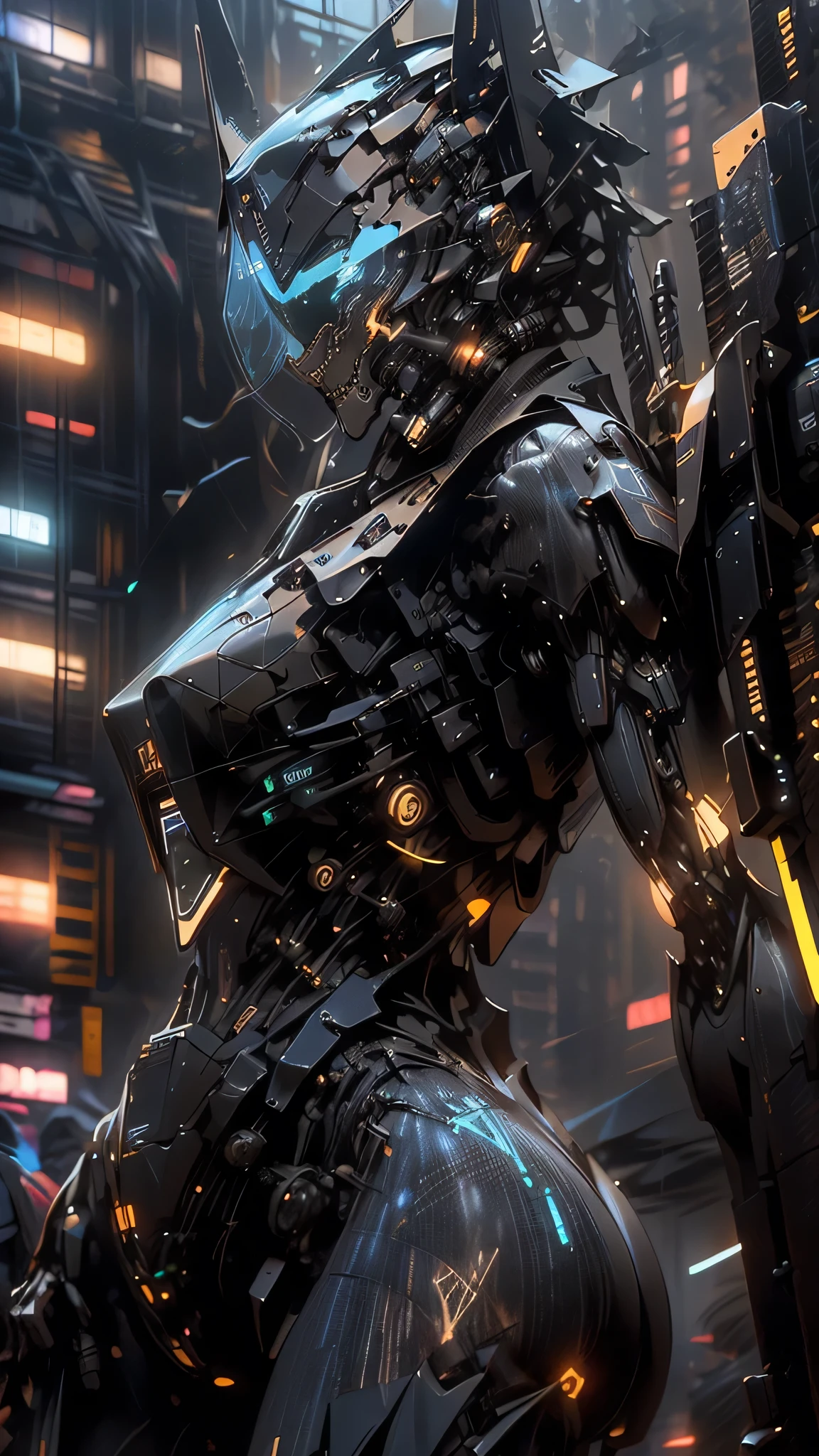 holding_weapon, no_humans, glowing, , robot, building, glowing_eyes, mecha, science_fiction, city, realistic, mecha, high resolution, 4k , cybersklull armor