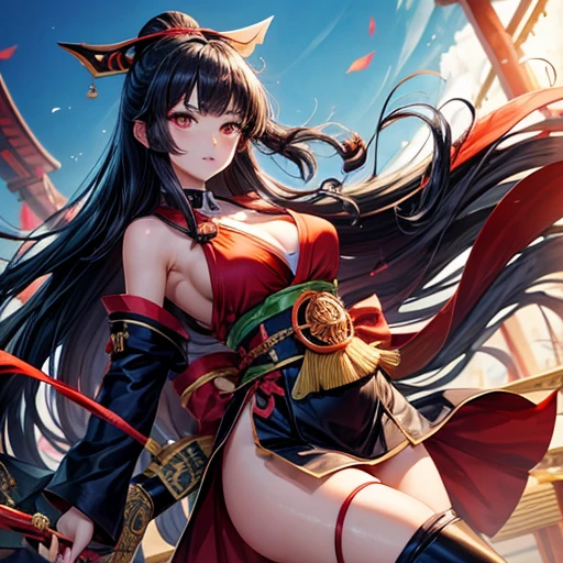 A black-haired woman wearing a shrine maiden outfit with slits in the legs holding a revolver Upper body fluttering Thigh-high boots