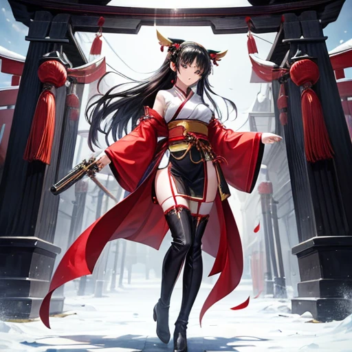 A black-haired woman wearing a shrine maiden outfit with slits in the legs holding a revolver　　Upper body fluttering　Thigh-high boots