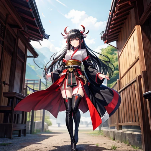 A black-haired woman wearing a shrine maiden outfit with slits in the legs holding a revolver　　Upper body fluttering　Thigh-high boots