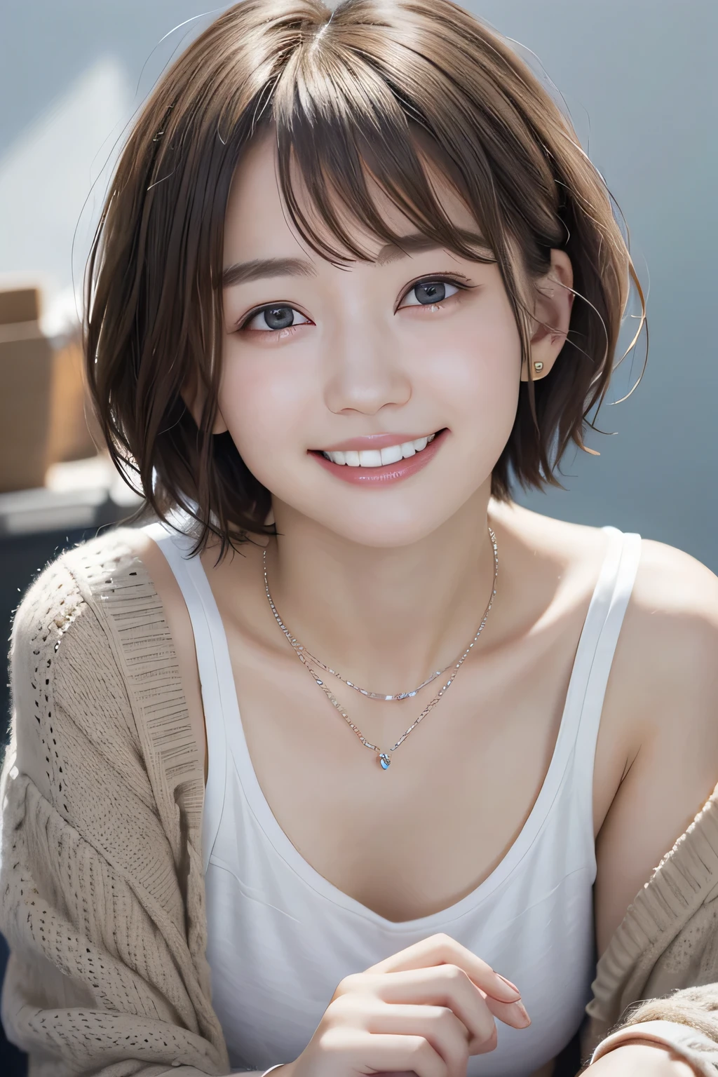 205 ((short hair)), 20-year-old female, In underwear、cardigan、Open your mouth、smile、Beautiful teeth alignment、Black Hair、ear piercing、Necklace around the neck、Looking into the camera, Waiting for the start