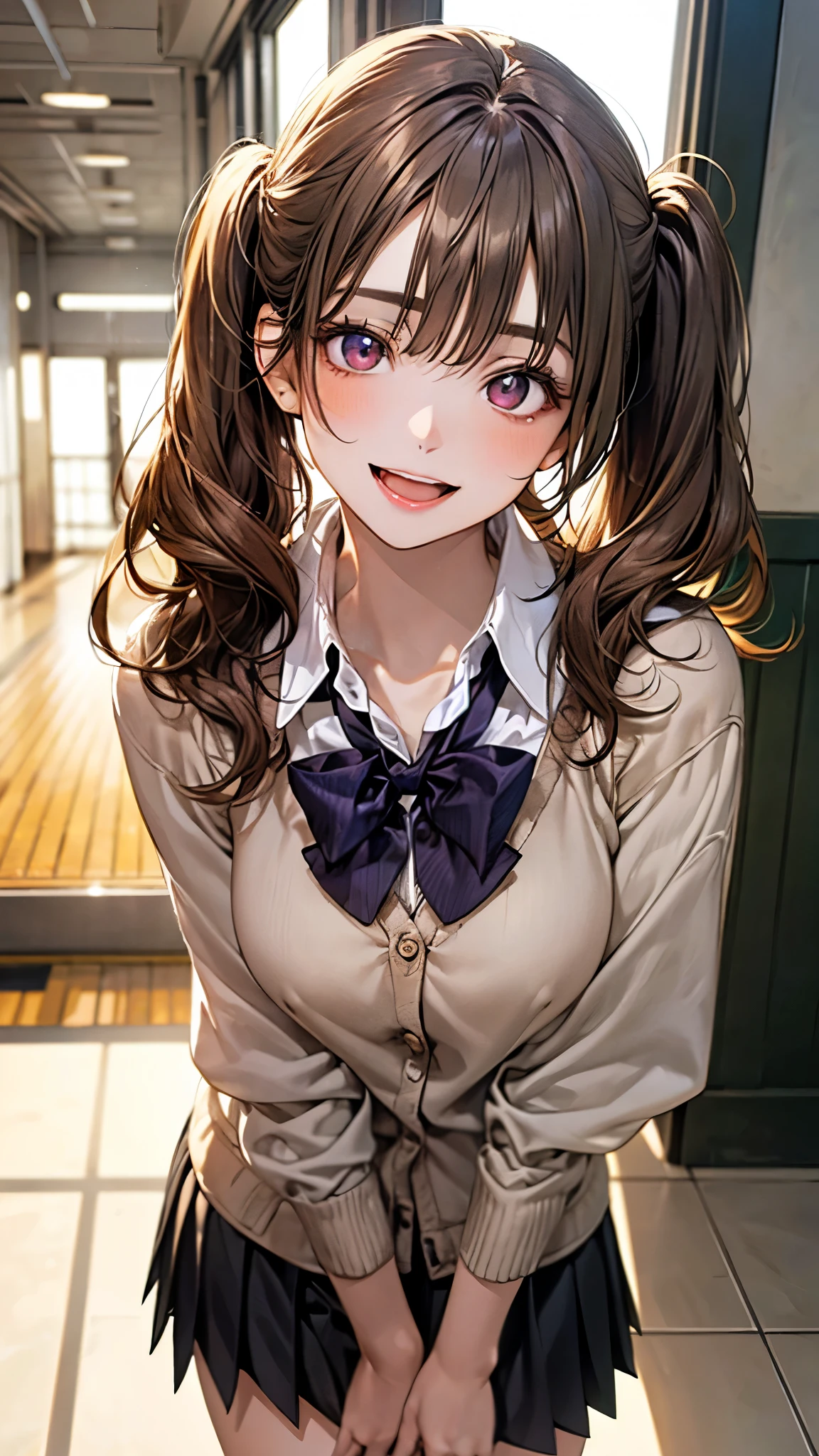 (masterpiece:1.2, top-quality), (realistic, photorealistic:1.4), beautiful illustration, (natural side lighting, movie lighting), 
looking at viewer, cowboy shot, (from below), 1 girl, japanese, high school girl, perfect face, cute and symmetrical face, suntan, shiny skin, 
(long hair), (two side up:1.2, straight hair, twintails), (light brown hair), hair between eyes, blunt bangs, big eyes, slant eyes, (gold eyes), long eye lasher, (medium breasts), 
beautiful hair, beautiful face, beautiful detailed eyes, beautiful clavicle, beautiful body, beautiful chest, beautiful thigh, beautiful legs, beautiful fingers, 
(white collared shirts, purple pleated skirt, cardigan, dark red bowtie), 
(beautiful scenery), (school hallway:1.2), (head tilt, arm up, waving hand), (lovely smile, upper eyes, open mouth),