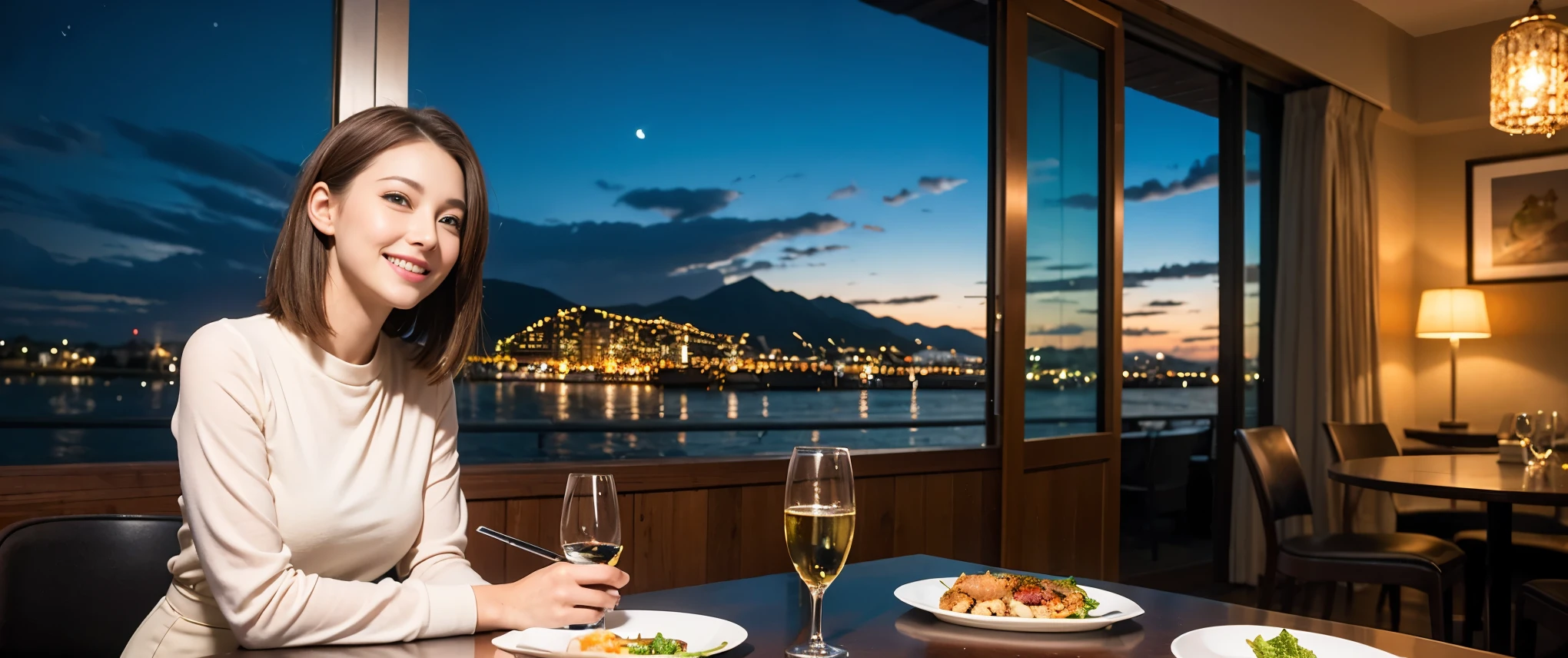 (highest quality、8k、masterpiece:1.3)、Beautiful woman with perfect figure:1.4、Dark brown hair、wine 、2 people、Knit dress、Highly detailed face and skin、fine grain、double eyelid、Wine glass on the table、Facial Lighting、 Amazing view of the sunset sky and clouds、Amazing mountain views、Laugh brightly、Smiling lovely woman、Bright image、The beauty of wine, Beautiful Face, blue eyes, Blushing, short hair,Bright Face、 (36 years old), 39 years old, Lady、Red wine 、Appetizers、Italian food、Wine Bottle、Champagne、Sparkling wine、Two beauties、Brown Hair、Shortcuts、Long sleeve shirt、dress、Pretty Woman 1, (Slim face), (The body is slim), (Brown Hair), (Shortcuts), cheeks turn a little red,Attractive beauty、, Out of the window, A beautiful and detailed night view unfolds.........., restaurant, In a prominent place (From the waist up) Nova Frog Style, actress, model, Upper Body, White wine, slim, Wine Glass,