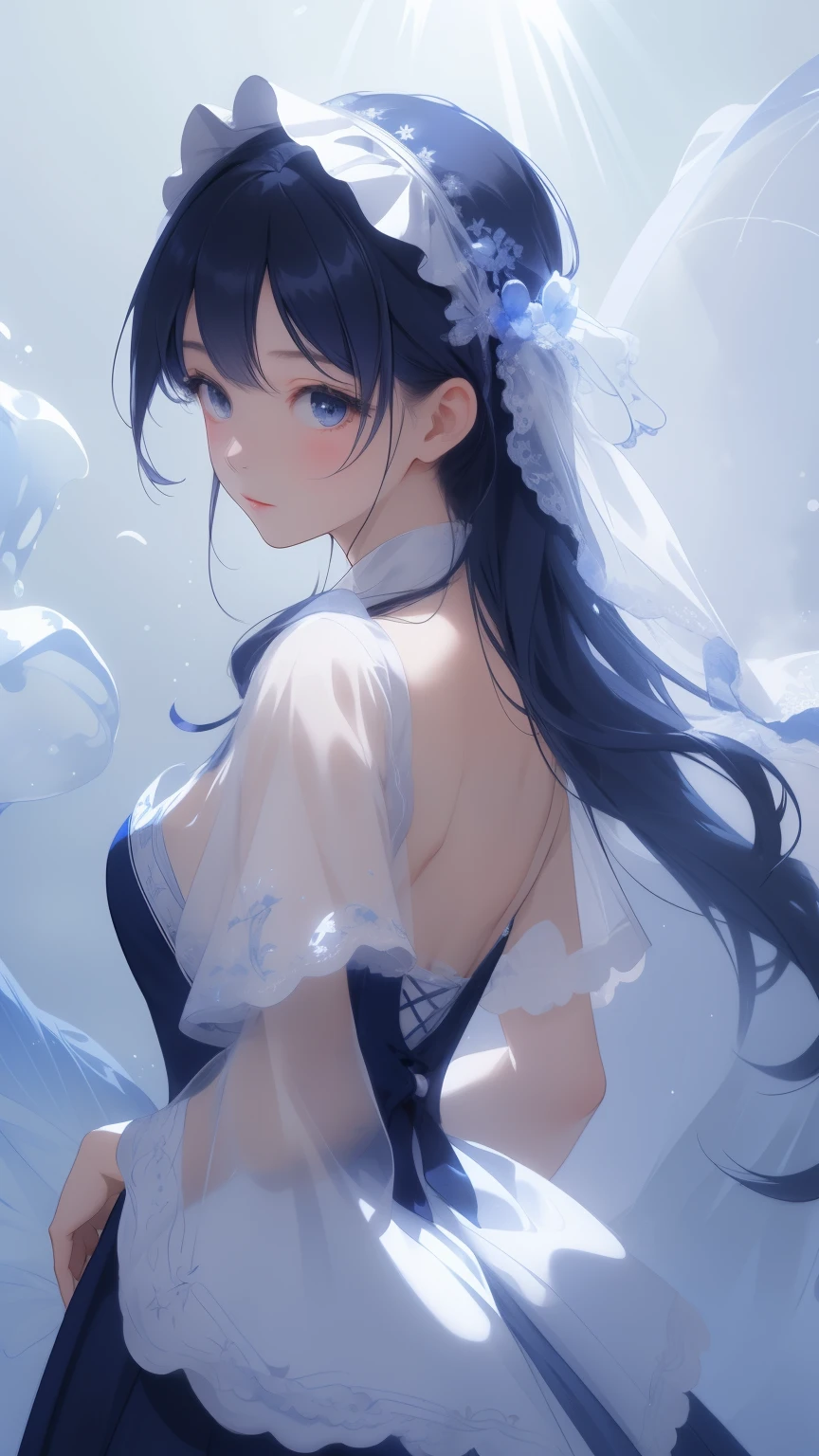 Maid clothes。Design Concept Art、Costume design only、Navy blue based design、 Translucent、 Romantic、Fantastic and dreamy, dream style, embroidery, Backlight、splash、Blank background、