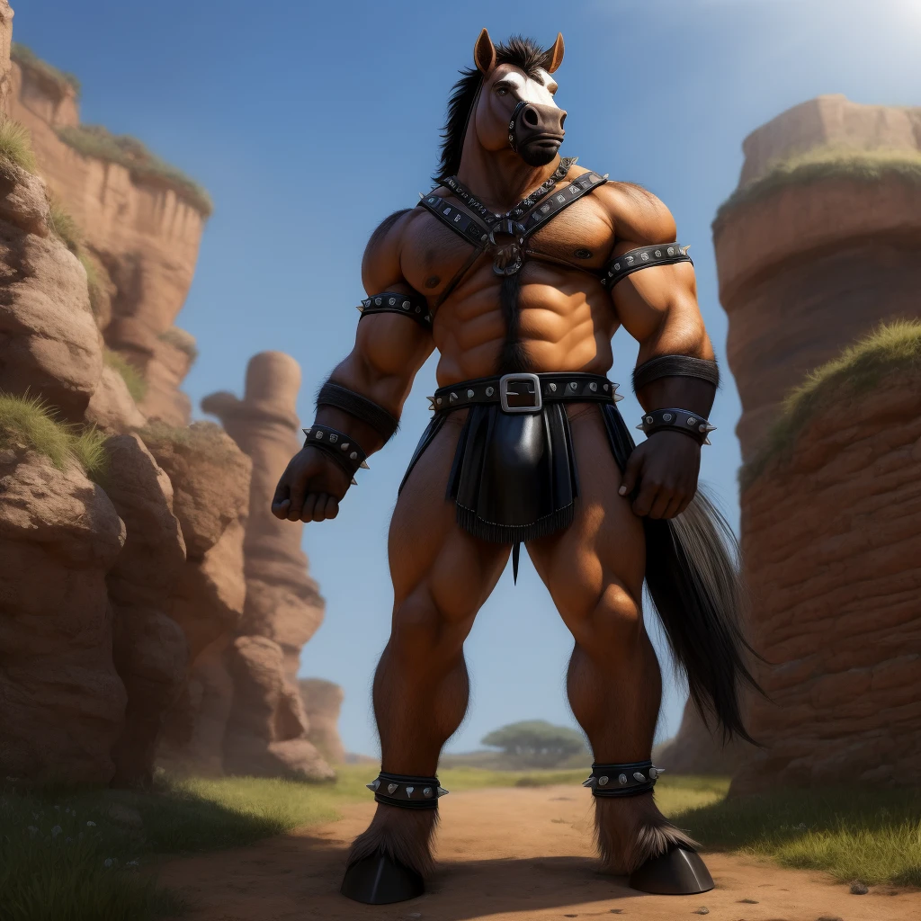 Furry, Antro, anthropomorphic, Solo, Horse, Equinene, loong horse tail, (furry Yelow ocre), tribal tattoo arm, Male Bulge, Nose Ring, Conk, Ring Noise, Narigon, Noise Piercong, Piercing noise, Big Balls, Big Ass, Wearing a Black Leather Harness, Arnes Negro, Black bicep leather bracelet, Leather Buckle Armband, Gladiator Clothing, Leather fringe skirt, black leather warrior skirt, thread thong, Black Belt, Spiked Collar, Spiked Wristbands, (Leather Bicep Arm Strap), man pendant, Spiked Anklet, Hooves, Hairy, Full Body, Braided Mane, Hairy Torso, Seen Standing, Upright Standing Pose, Blue Pupil Eyes, High Resolution, 4K Detailed, Good Lighting, Beautiful, Blue Sky Background with Green Grass Meadow, black hair, photorealistic, Furry, Gladiator