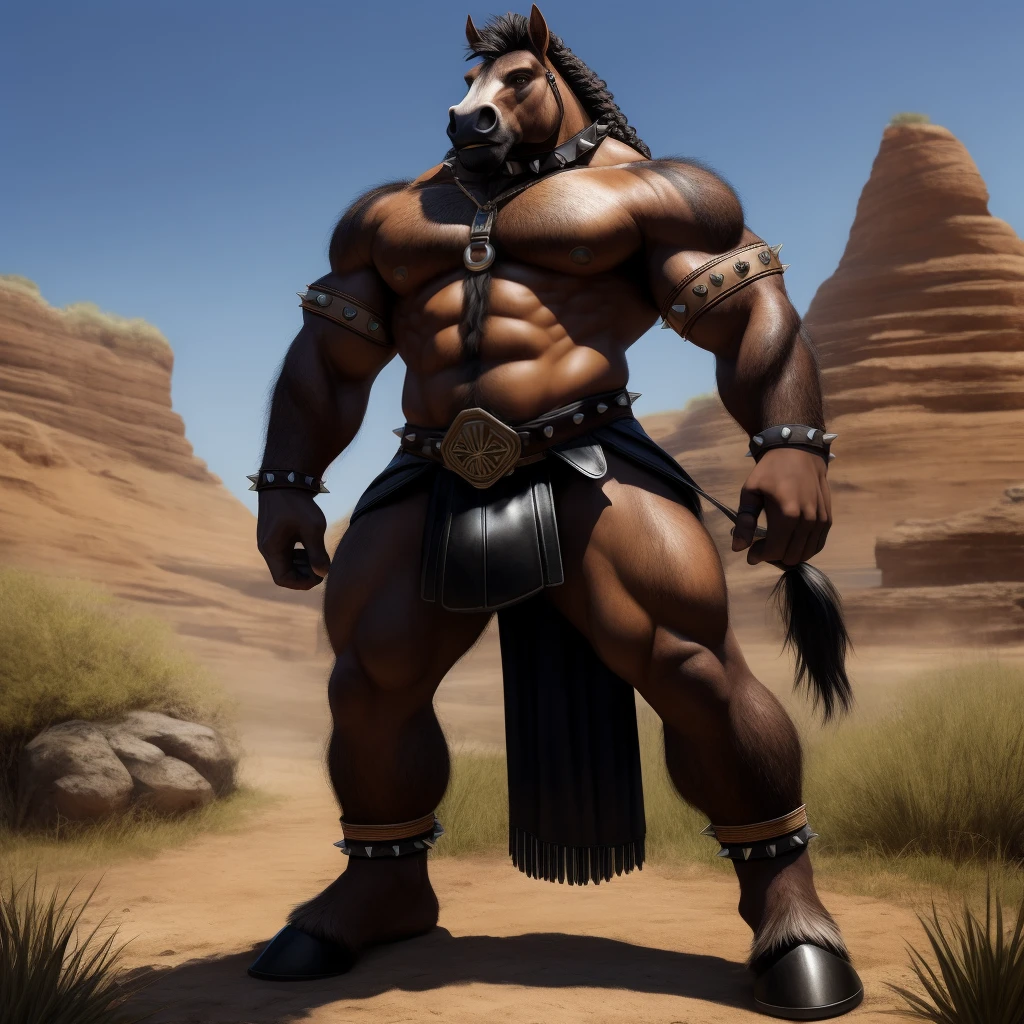Furry, Antro, anthropomorphic, Solo, Horse, Equinene, loong horse tail, (furry Yelow ocre), tribal tattoo arm, Male Bulge, Nose Ring, Conk, Ring Noise, Narigon, Noise Piercong, Piercing noise, Big Balls, Big Ass, Wearing a Black Leather Harness, Arnes Negro, Black bicep leather bracelet, Leather Buckle Armband, Gladiator Clothing, Leather fringe skirt, black leather warrior skirt, thread thong, Black Belt, Spiked Collar, Spiked Wristbands, (Leather Bicep Arm Strap), man pendant, Spiked Anklet, Hooves, Hairy, Full Body, Braided Mane, Hairy Torso, Seen Standing, Upright Standing Pose, Blue Pupil Eyes, High Resolution, 4K Detailed, Good Lighting, Beautiful, Blue Sky Background with Green Grass Meadow, black hair, photorealistic, Furry, Gladiator