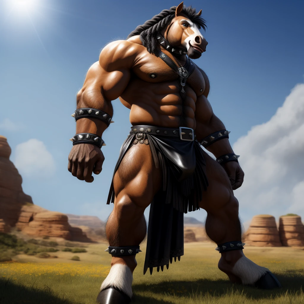 Furry, Antro, anthropomorphic, Solo, Horse, Equinene, loong horse tail, (furry Yelow ocre), tribal tattoo arm, Male Bulge, Nose Ring, Conk, Ring Noise, Narigon, Noise Piercong, Piercing noise, Big Balls, Big Ass, Wearing a Black Leather Harness, Arnes Negro, Black bicep leather bracelet, Leather Buckle Armband, Gladiator Clothing, Leather fringe skirt, black leather warrior skirt, thread thong, Black Belt, Spiked Collar, Spiked Wristbands, (Leather Bicep Arm Strap), man pendant, Spiked Anklet, Hooves, Hairy, Full Body, Braided Mane, Hairy Torso, Seen Standing, Upright Standing Pose, Blue Pupil Eyes, High Resolution, 4K Detailed, Good Lighting, Beautiful, Blue Sky Background with Green Grass Meadow, black hair, photorealistic, Furry, Gladiator