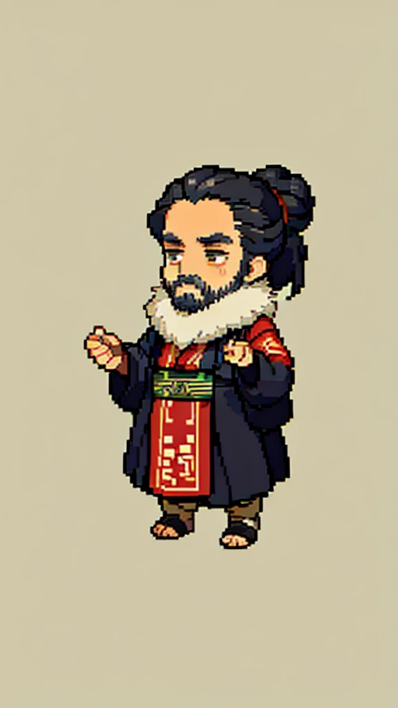 Old man in ancient Chinese costume、Wise Old Man、Looking into the camera、His hair is tied in a bun、Only one topknot、Long sleeve、Hanfu、Black Hair、Stand and pose、Pixel art、(masterpiece, highest quality, highest quality), pixel,pixel art,whole body,Characters in Romance of the Three Kingdoms、Transform、(beard)、Short Deformation、Old man with long beard