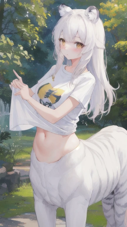 (best quality, masterpiece), 1 girl, centaur, It takes, Undressing, belly button t-shirt, 아름다운 소녀 perfect white tiger photo, perfect white tiger photo