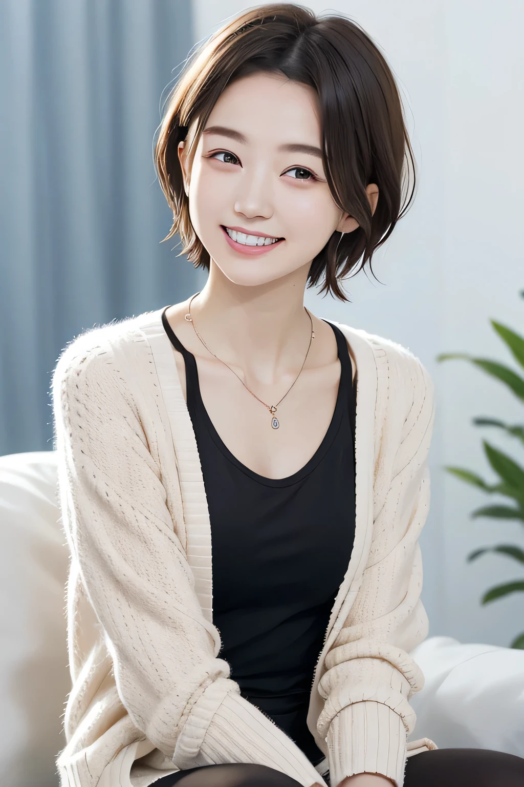 205 ((short hair)), 20-year-old female, In underwear、cardigan、Open your mouth、smile、Beautiful teeth alignment、Black Hair、ear piercing、Necklace around the neck、Looking into the camera, Waiting for the start