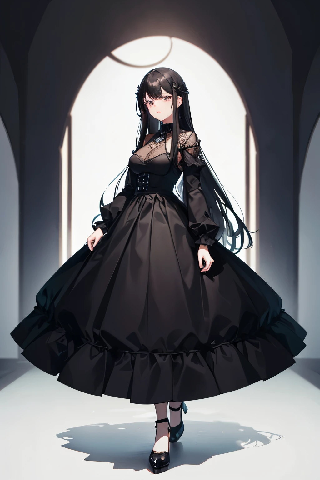 1 female, Black Hair, Big dark eyes, Delicate face, cute, Full-body portrait, Down to the shoes,Are standing,long hair,cute,Black dress,Ultra HD, masterpiece, highest quality, Super detailed, Accurate