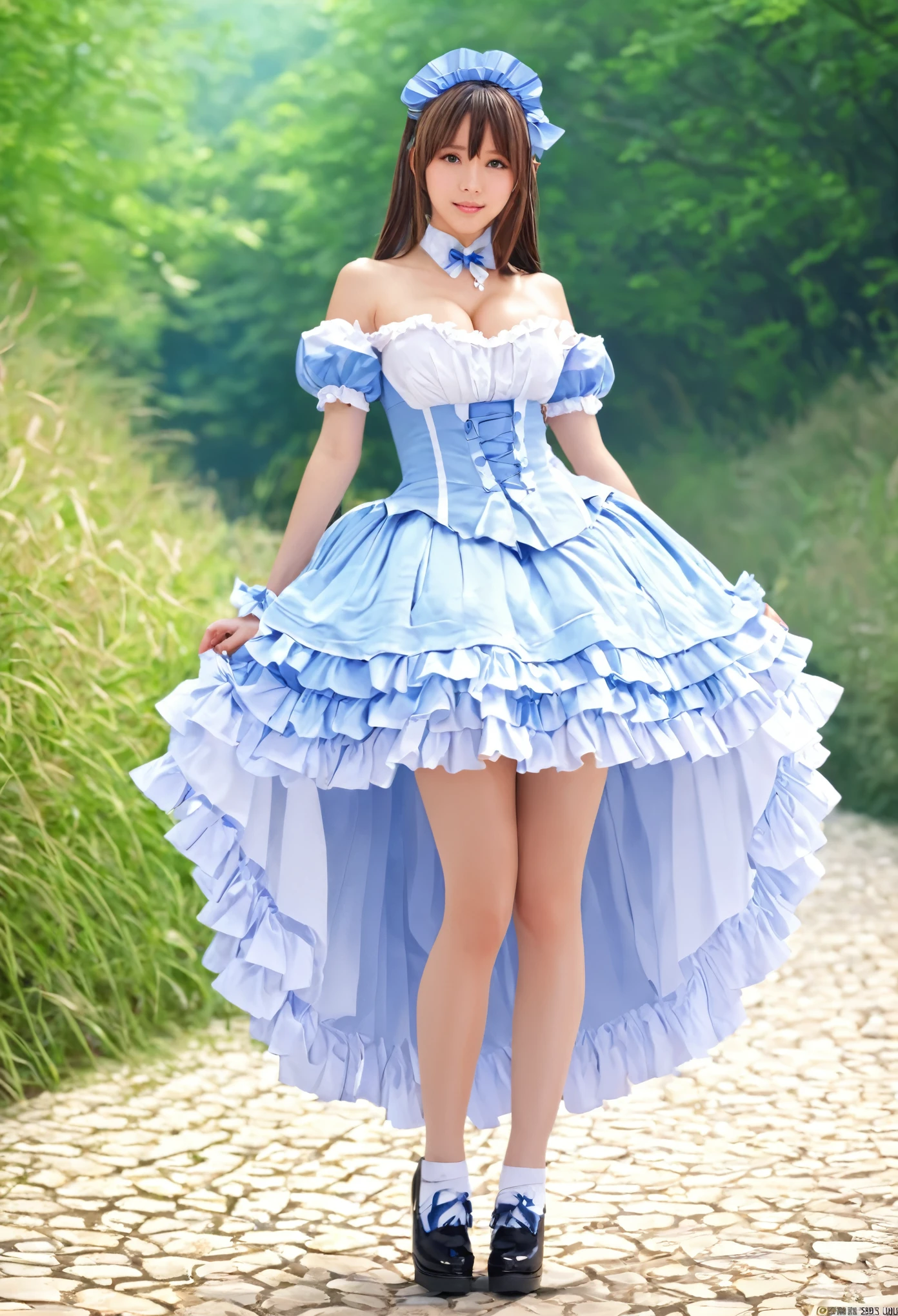 masterpiece、Mastepiece、Award-winning、Anime Girls、Random Hair、Huge breasts、French national costume、Wear a frilly skirt、Pants that look like they can be seen、Full Body Shot、The background is a fantasy world